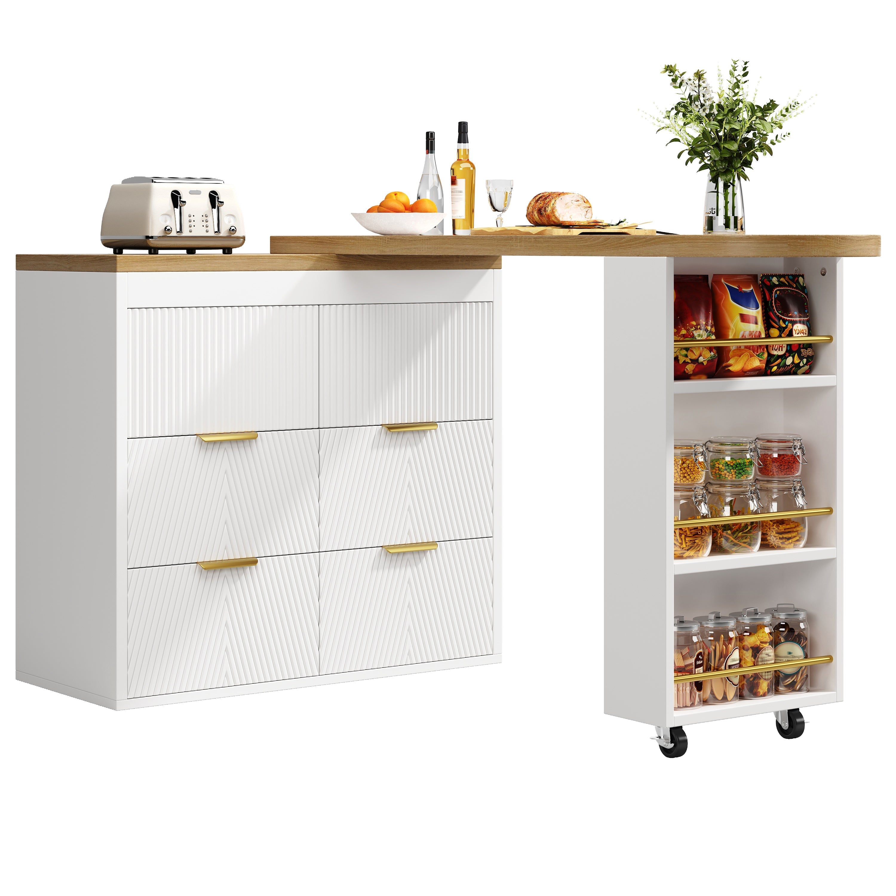 Multifunctional Bar Table with 6 Drawers and 360 Degree Rotation, White