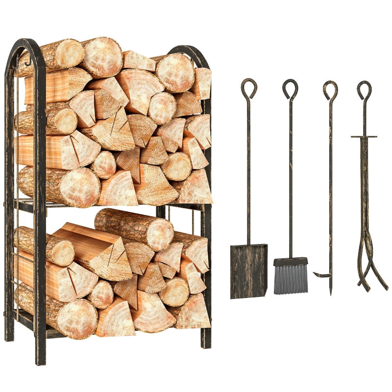 Indoor Firewood Rack, 2-Tier with 4 Fireplace Tools and Hooks, Metal
