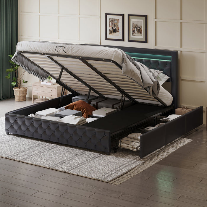Upholstered Bed 180x200cm, Double Storage Bed with Drawers and LED Light Strip, Black PU