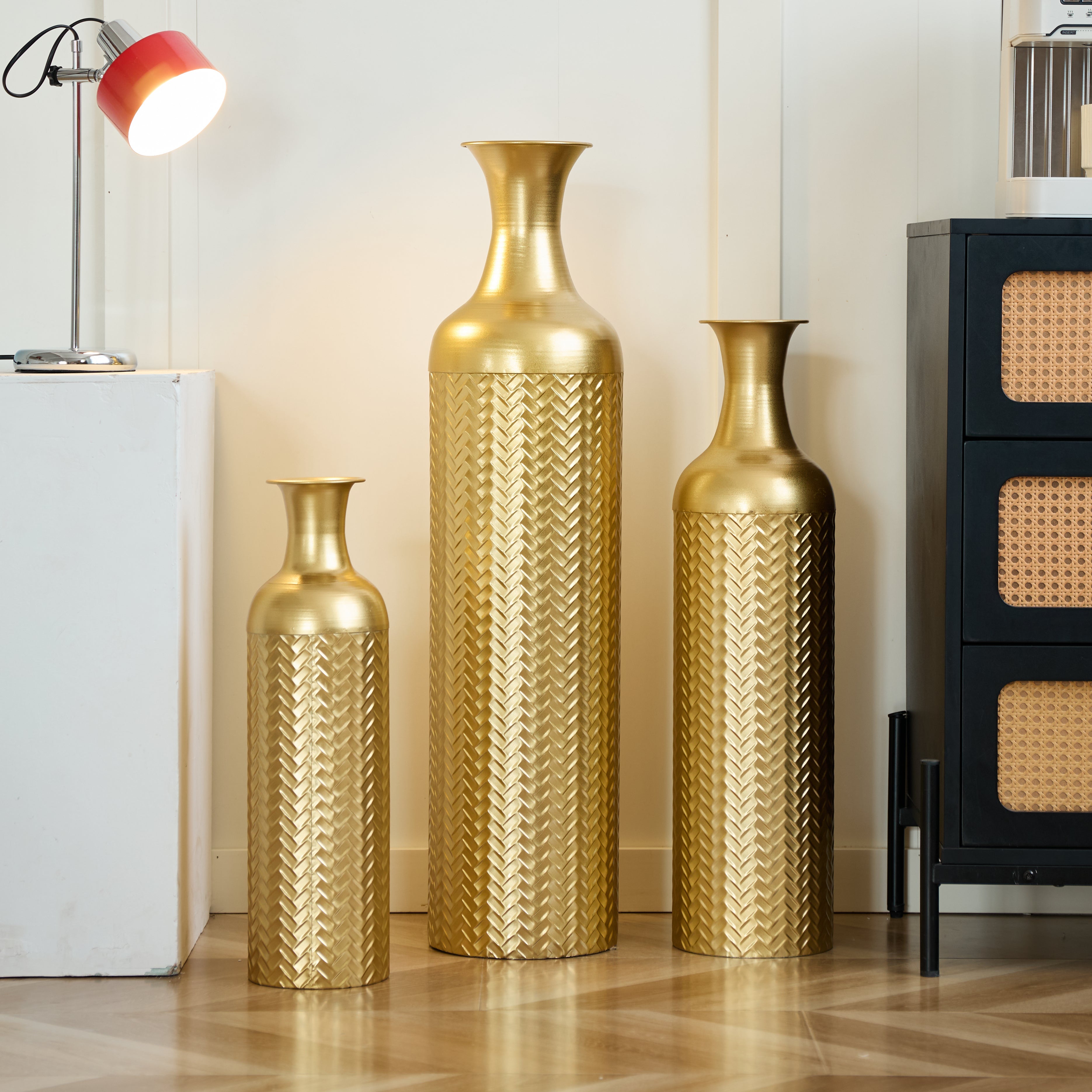 Golden Floor Vase Set, 3 Retro Decorative Vases 83/65/50cm High, Metal