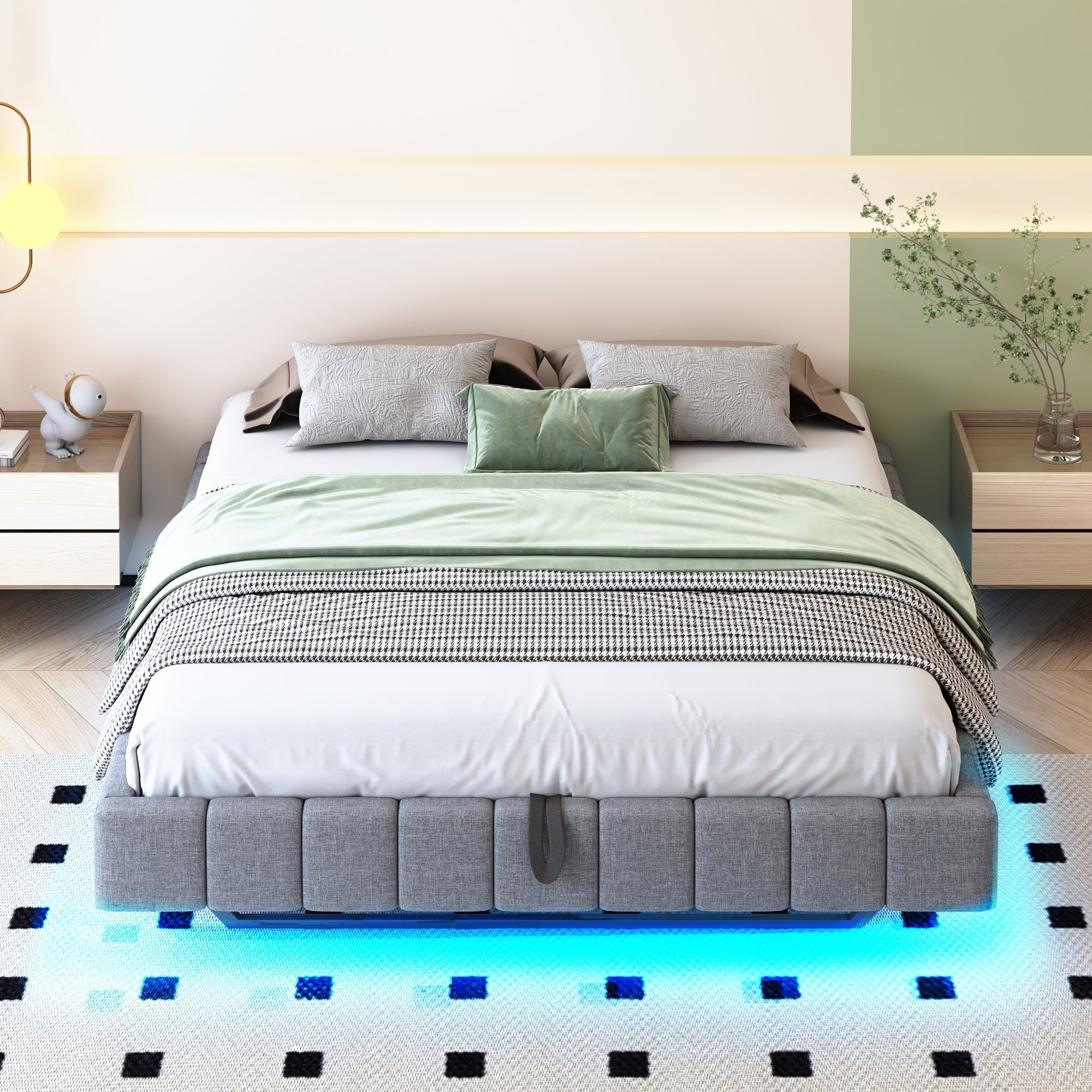 Upholstered Bed 160x200cm, Hydraulic Floating Storage Frame with LED Light, Linen Grey