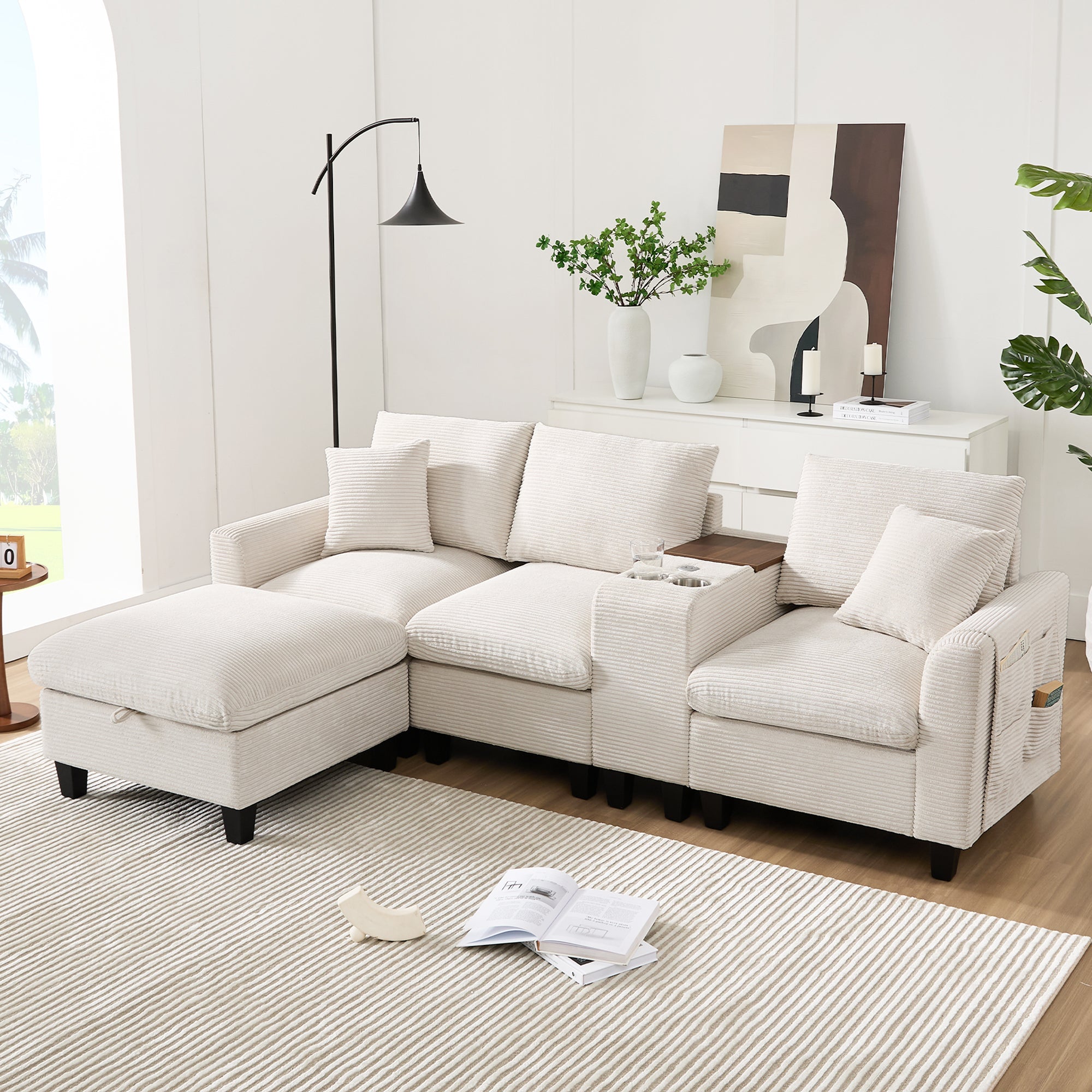 Modern L-shaped Convertible Corner Sofa with Console & USB, Corduroy Fabric