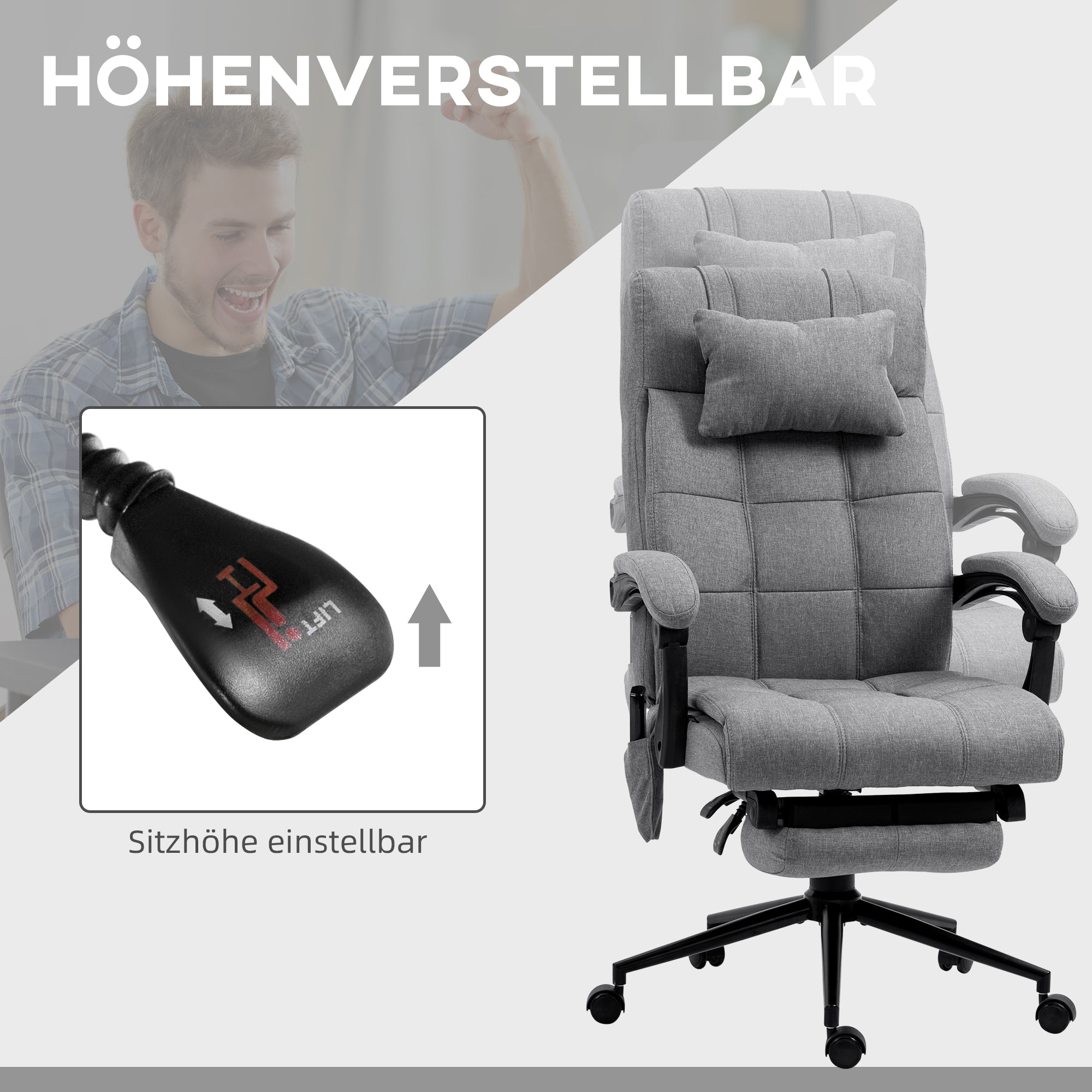 Office Chair, Ergonomic Massage Lumbar Heating Footrest Headrest Adjustable, Polyester Grey