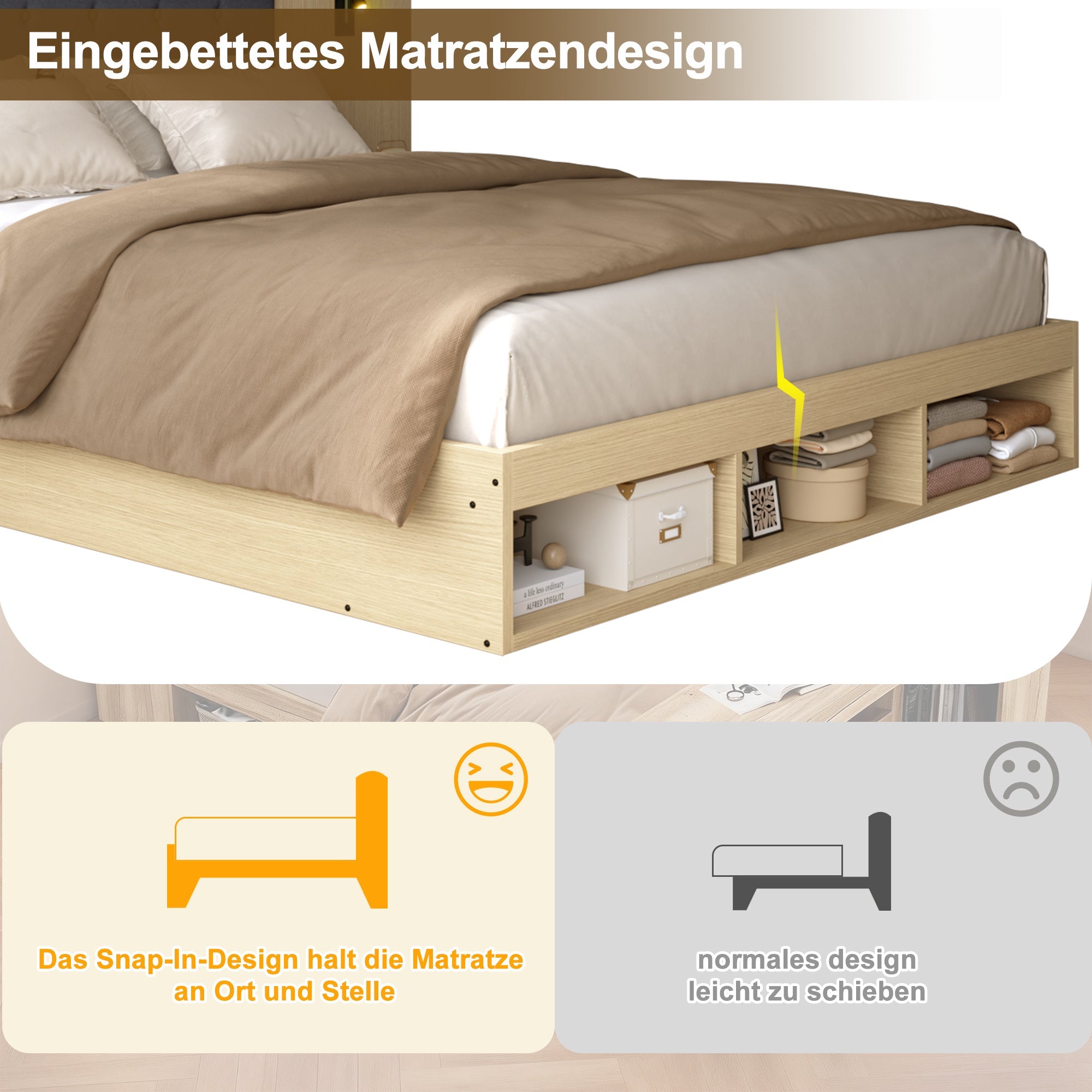 Double Bed with Storage, Charging Station, Reading Lamp and 2 Bedside Tables, 180x200cm, Light Oak Wood