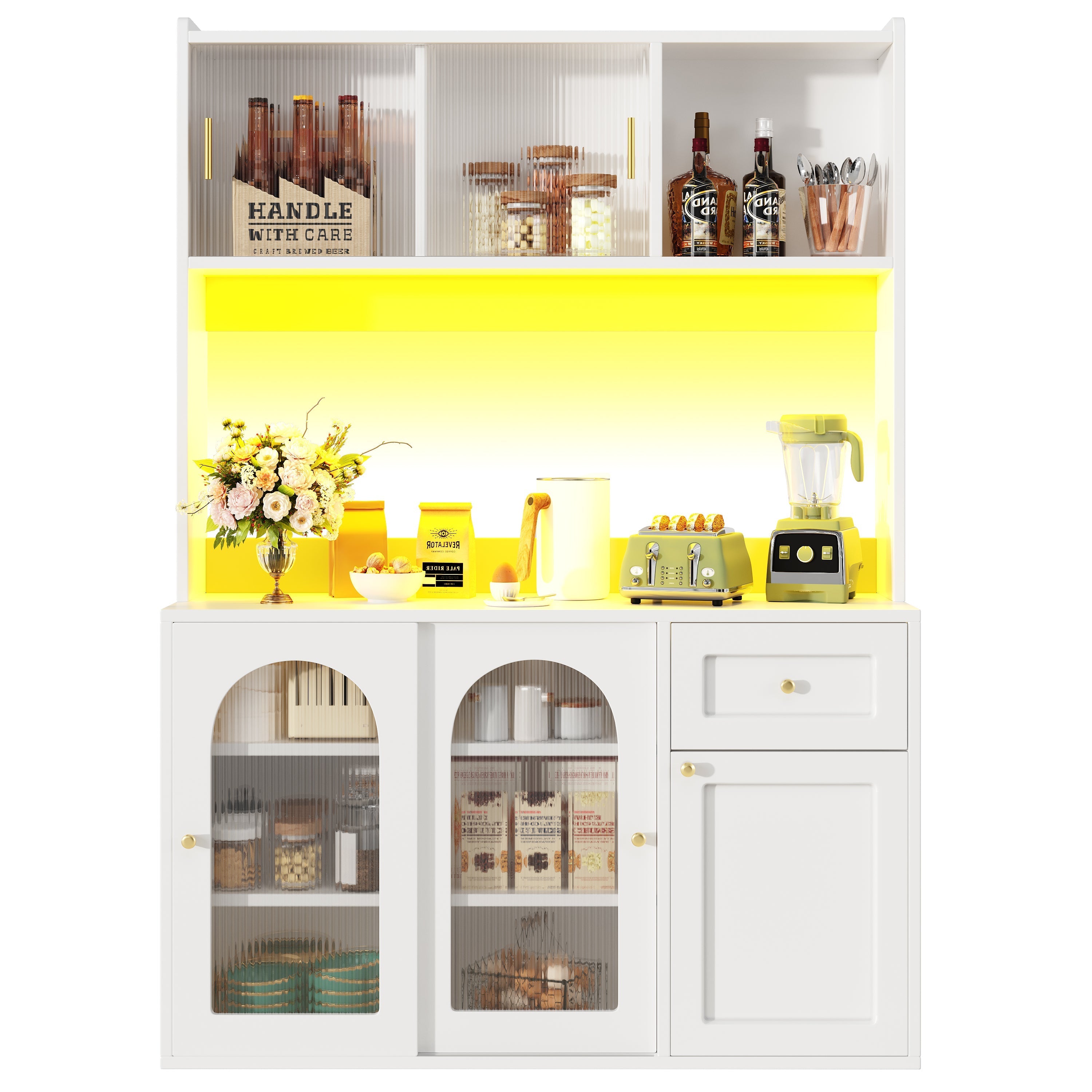 Kitchen Cabinet, Tall Display Buffet Sideboard with LED Lighting and Adjustable Shelves, White/Black