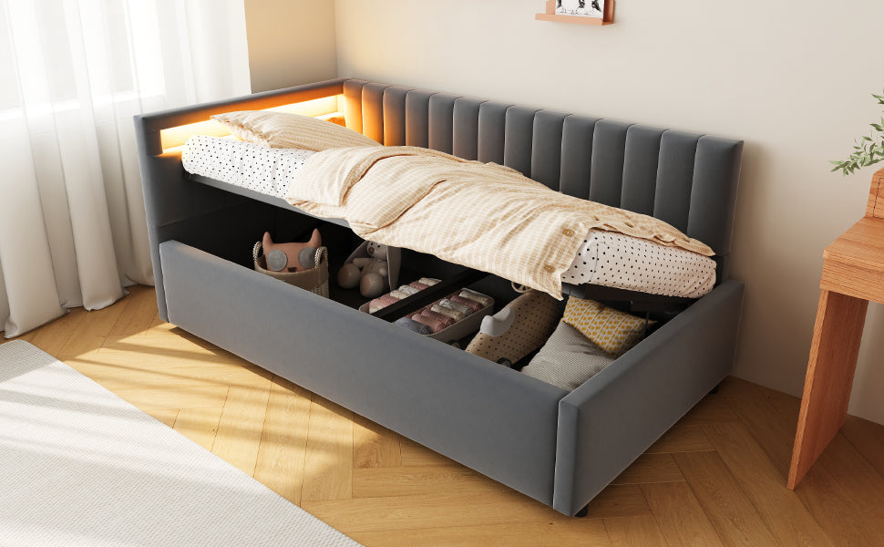 Upholstered Sofa Bed with LED Lighting and Hydraulic Storage, Velvet Beige/Gray