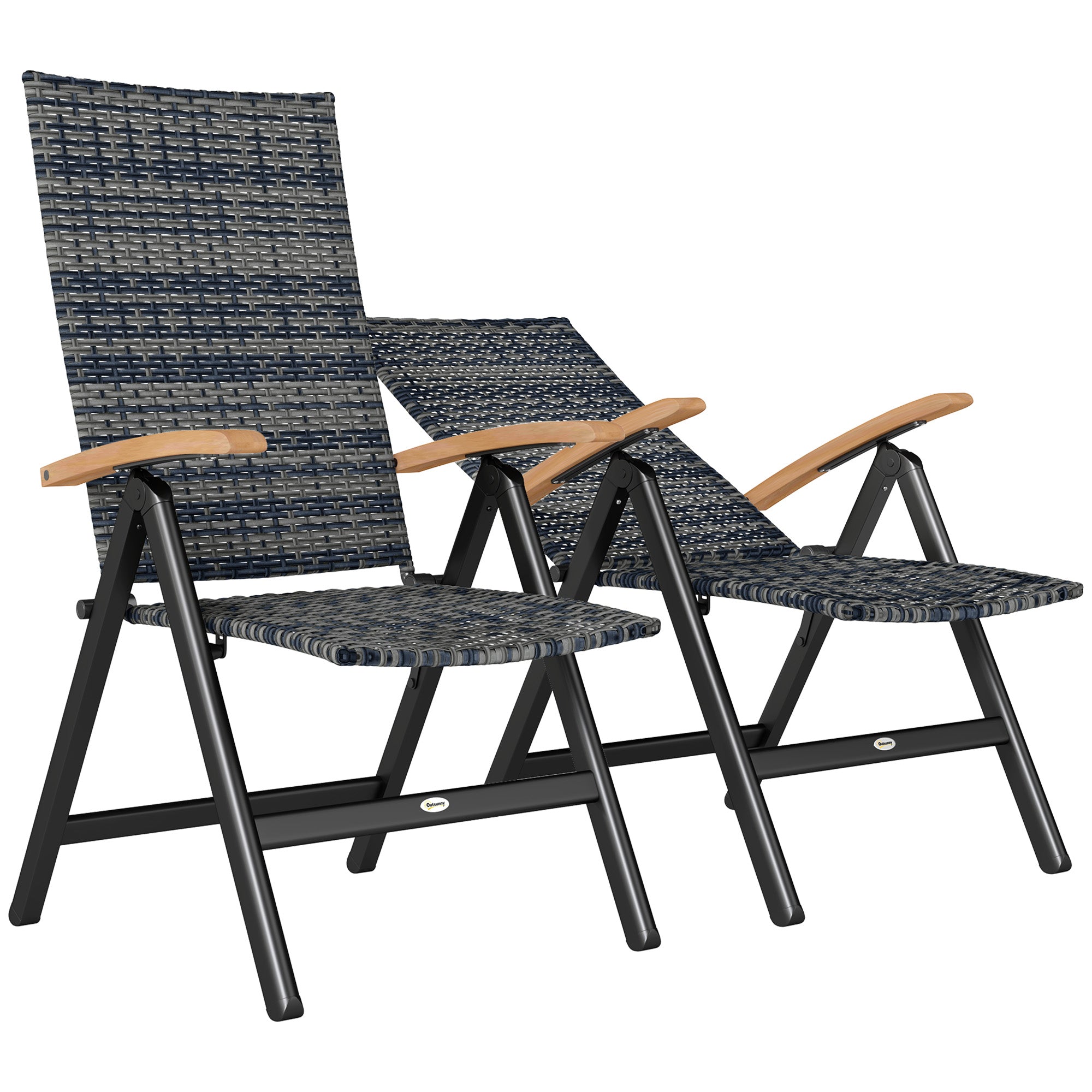 Folding Rattan Garden Dining Chairs Reclining High Back Wood Armrests Mixed-grey