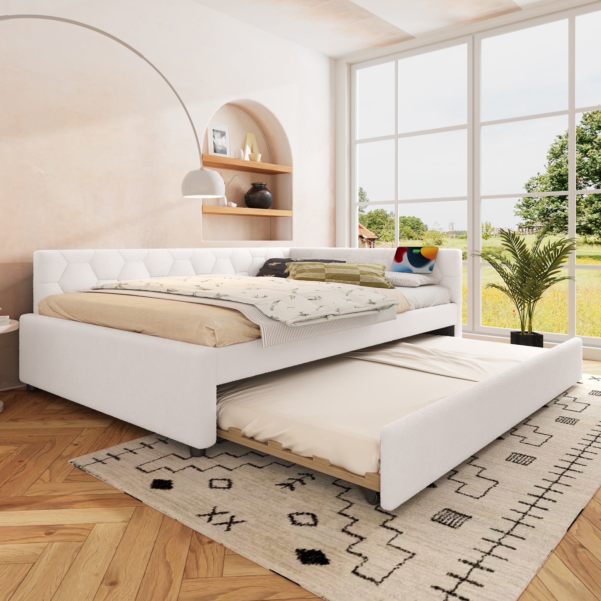 Daybed Sofa Bed 140x200cm Pull-Out Bed with Lamp & USB/Type-C Port Fleece Imitation White