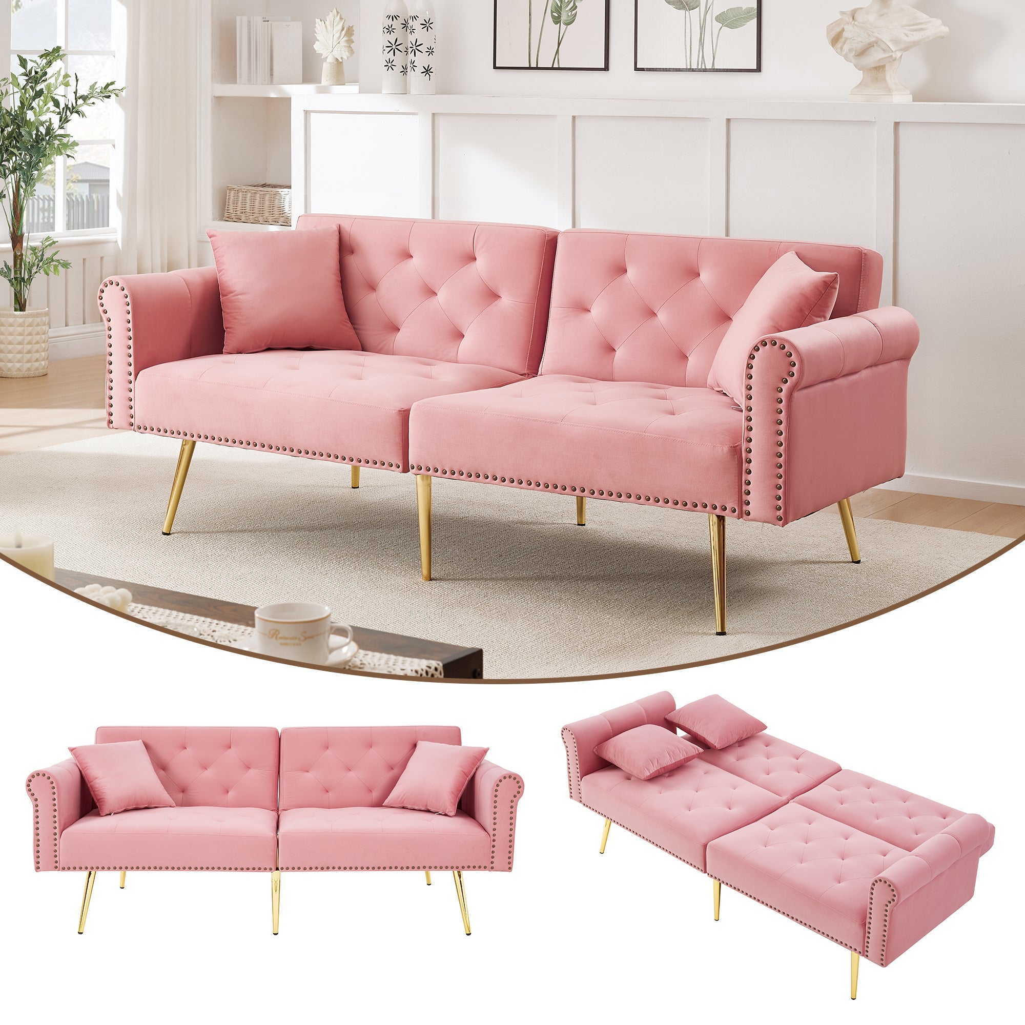 Sofa Bed, 2-Seater with 3-Level Adjustable Backrest & Gold-Plated Metal Feet, Velvet