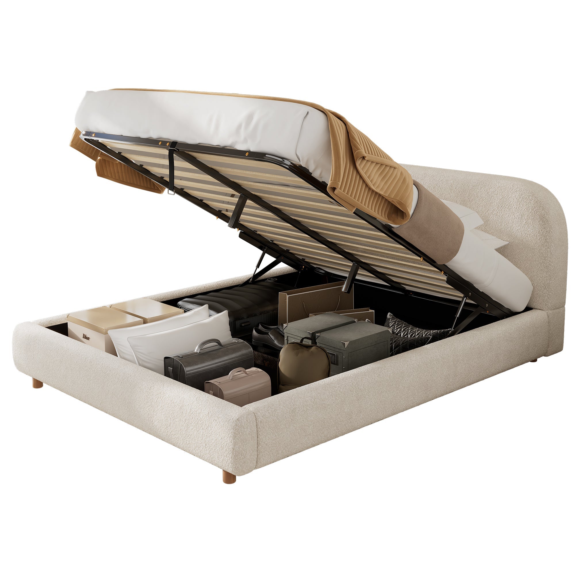 Ottoman Storage Bed Frame, Double Upholstered with Round Silhouette Arched Headboard, Warm White Boucle Fabric