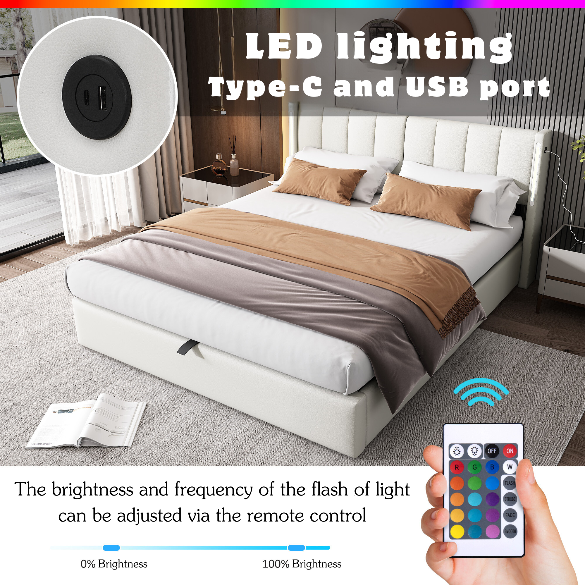 LED Upholstered Bed, King 5ft Hydraulic Storage with USB and Adjustable Headboard, White PU