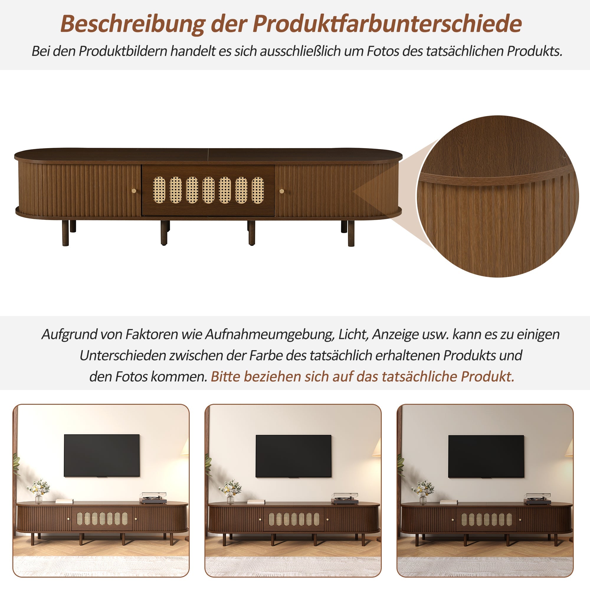 Oval TV Stand with Roll-Up Doors and Rattan Design, Dark Walnut MDF