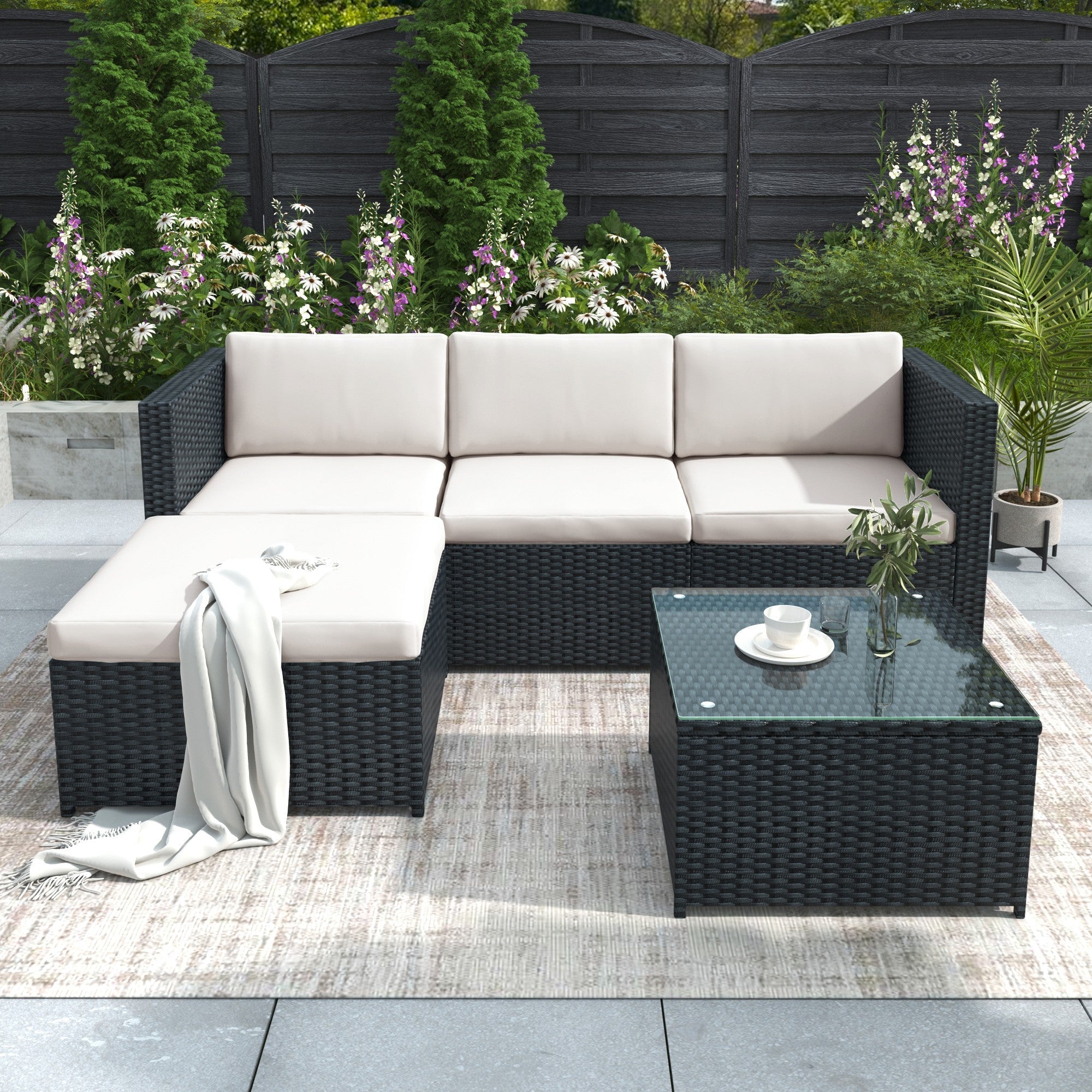Garden Corner Sofa, Rattan Patio Lounge Set, Black