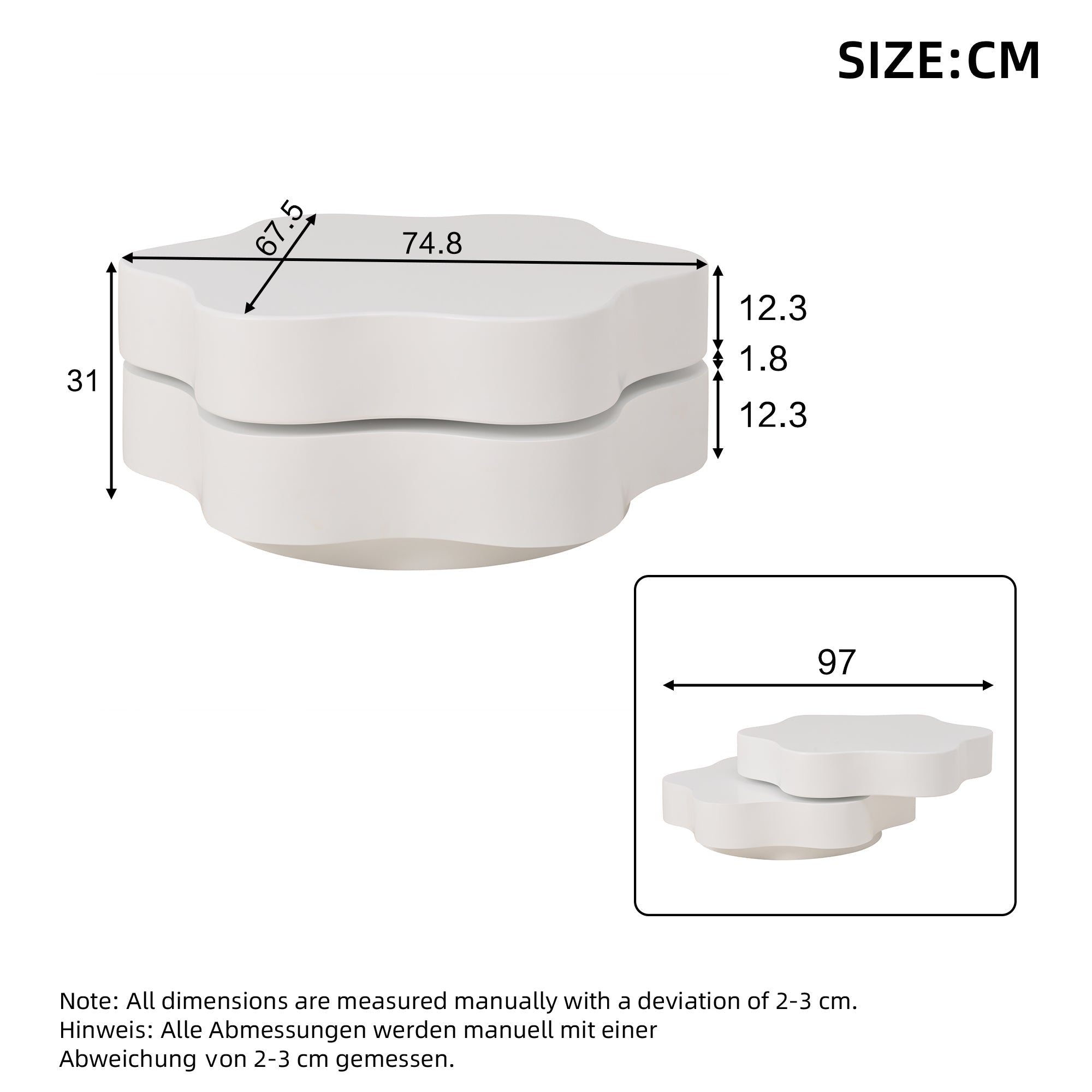 Flower Coffee Table 360° Rotating Double-Layered Storage MDF Cream White