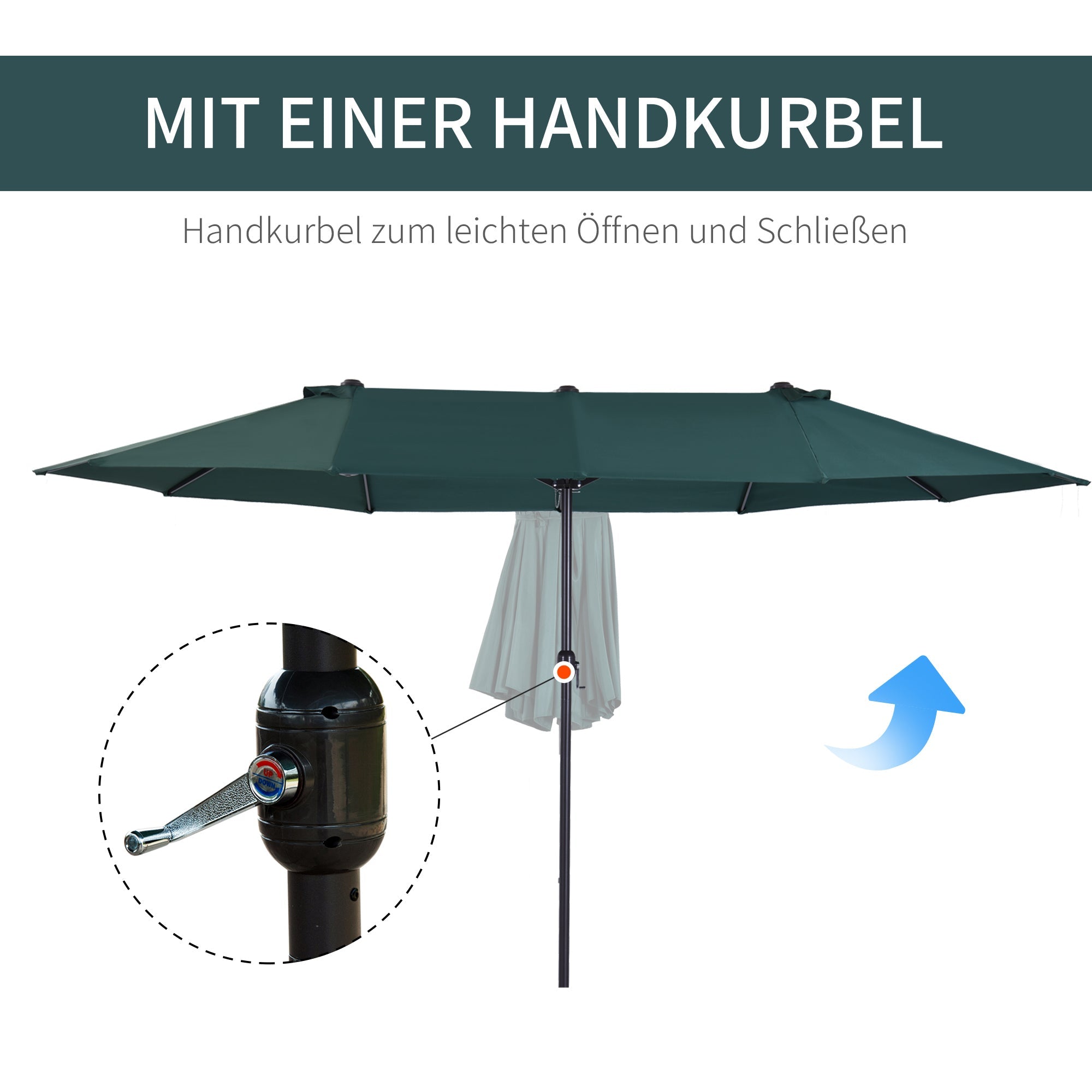 Double Patio Parasol with Hand Crank, Oval 460 x 270 x 240 cm, Dark Green