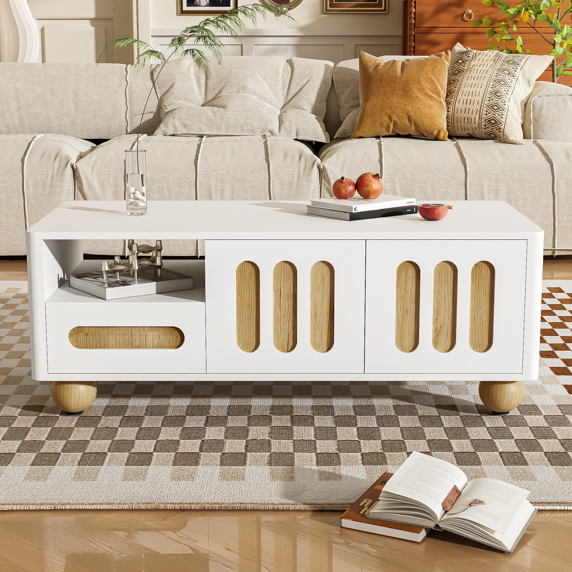 Coffee Table, 105x50x40 cm, 4 Doors, 2 Drawers, LED Light, White Wood