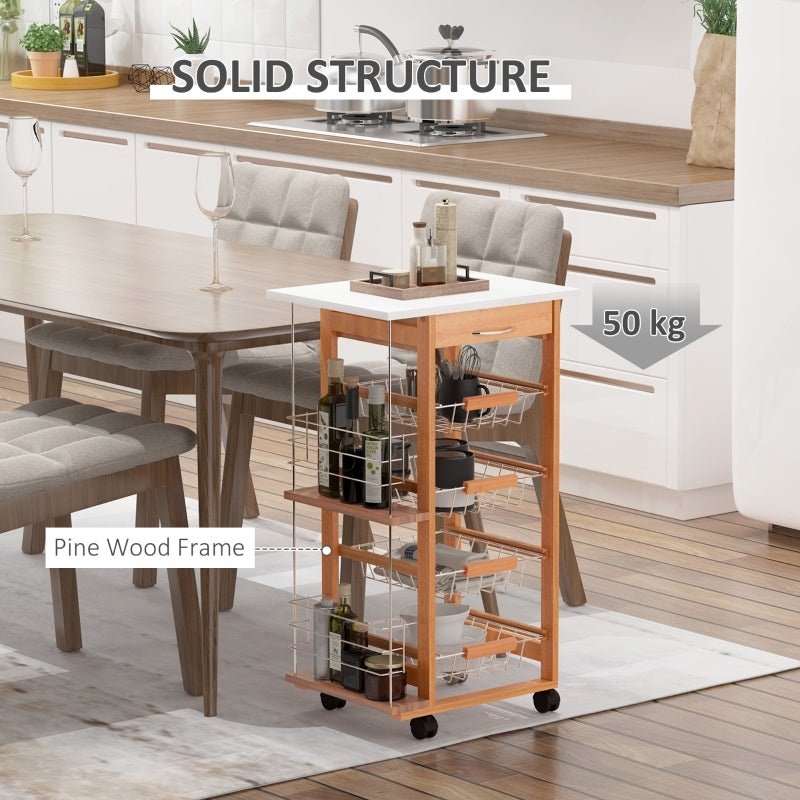 Rolling Kitchen Cart, 4 Basket Drawers Side Racks Wheels, Brown