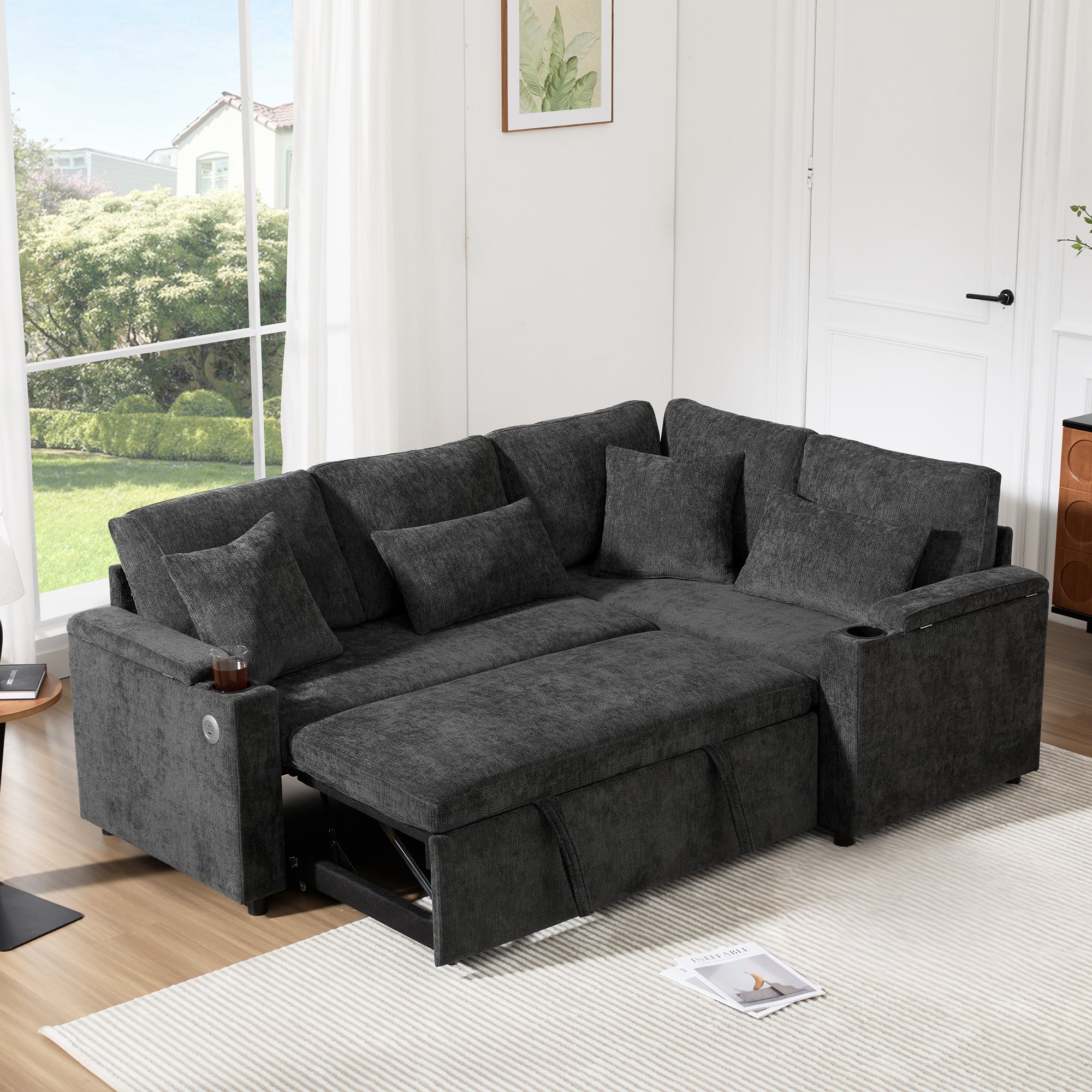 L-Shaped Extendable Sofa, Convertible Chaise Storage USB Cup Holders, Gray