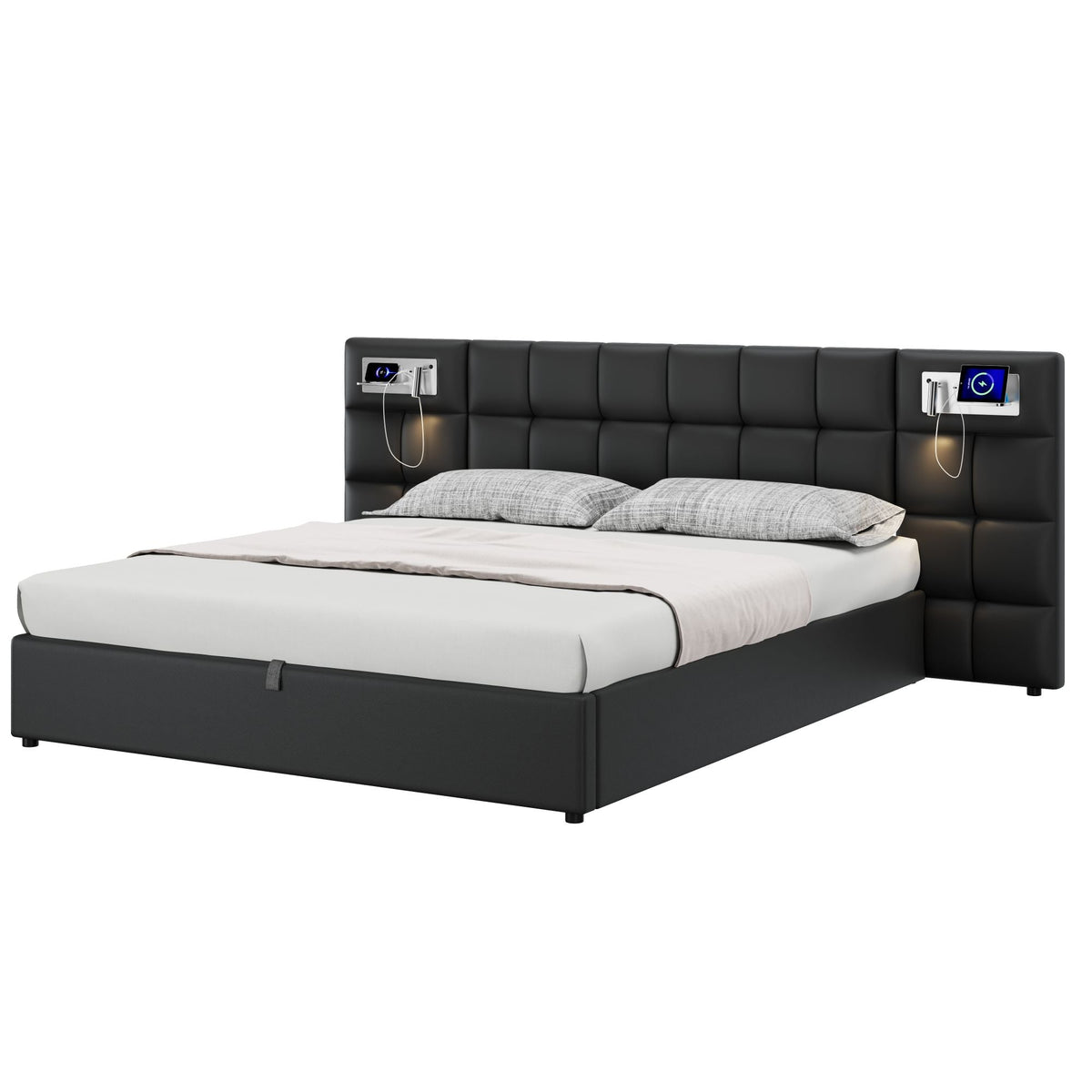 Upholstered Bed 180x200cm Hydraulic Storage USB/Wireless Charging LED Lamp - PU Black