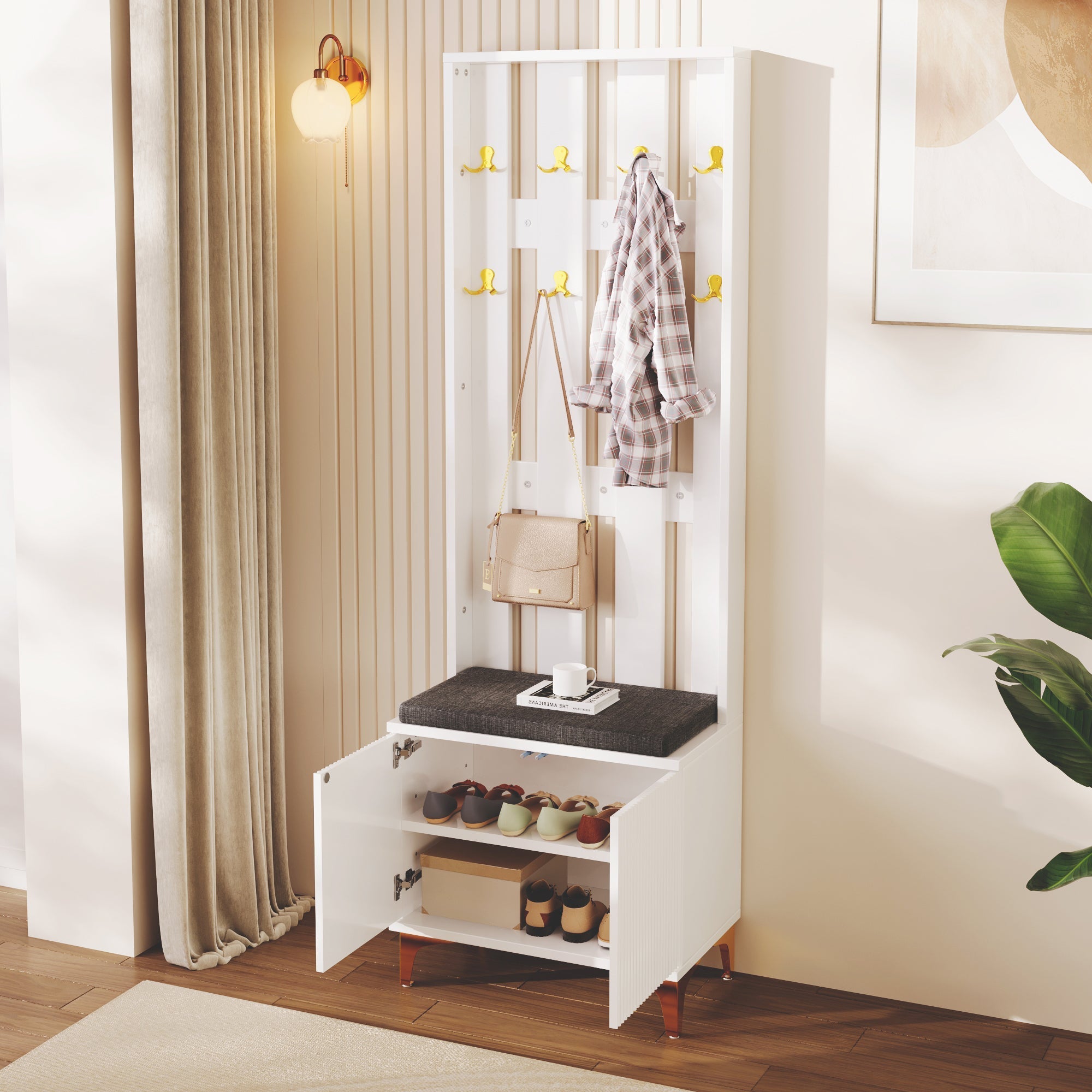 Wardrobe Set with Shoe Bench, Cushion, Hooks, Drawers, and Doors