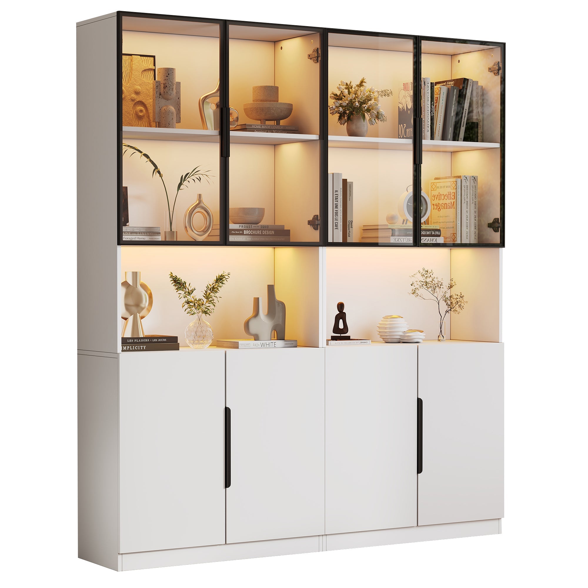 Modern Minimalist Display Cabinet, Glass Doors LED Lights Bookshelf for Collectibles, White