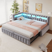 Upholstered Extendable Sofa Bed with LED Lighting, USB Port and Striped Pattern, 90x200cm, Light Grey Velvet