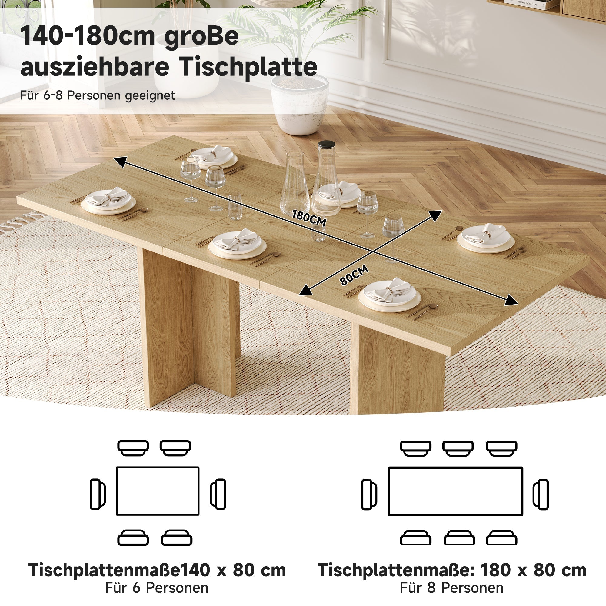 Extendable Dining Table 140/180x80cm Rectangular 6-8 Seater - Oak Color