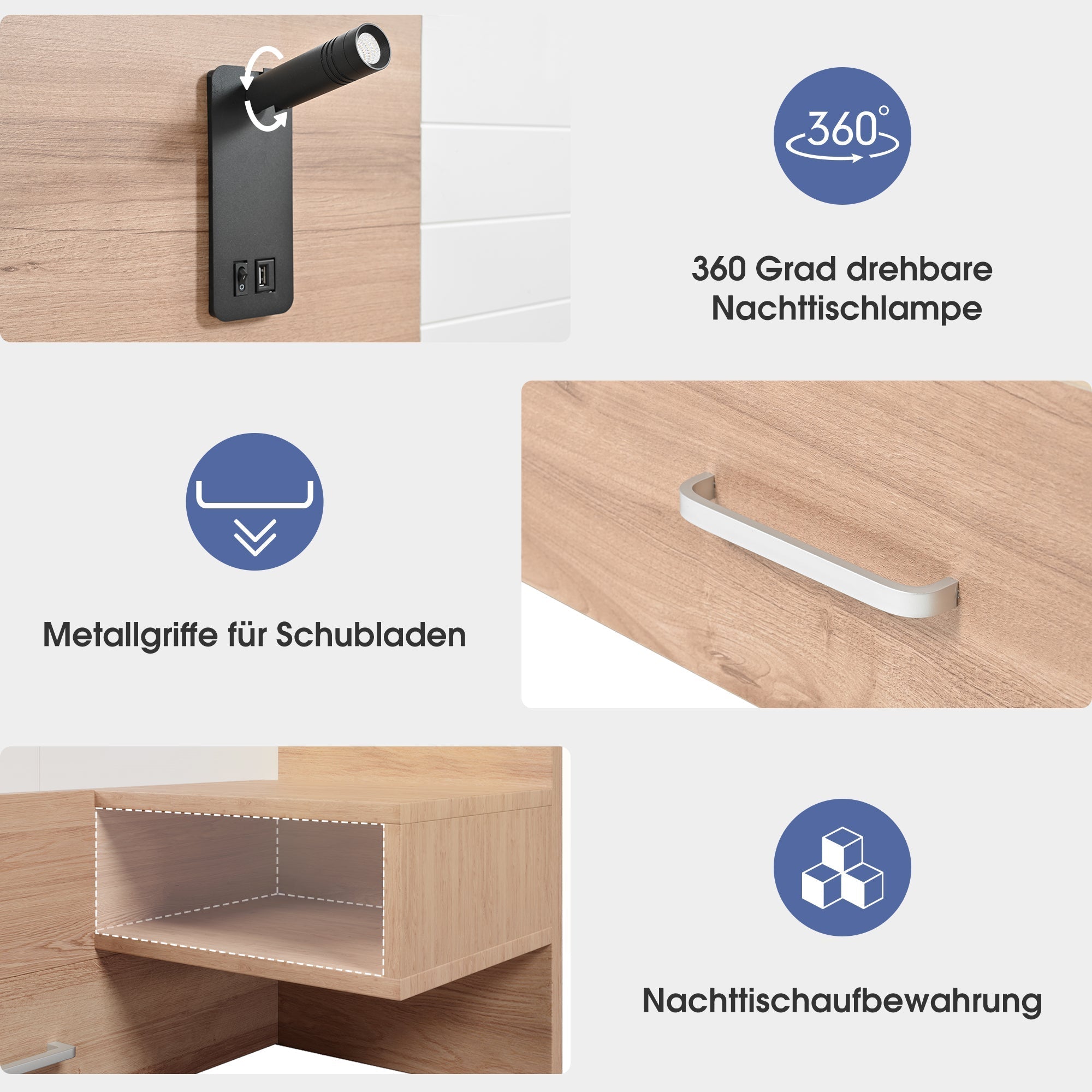 Double Wooden Bed, 180x200cm with 2 Drawers & USB Reading Light, Oak/White