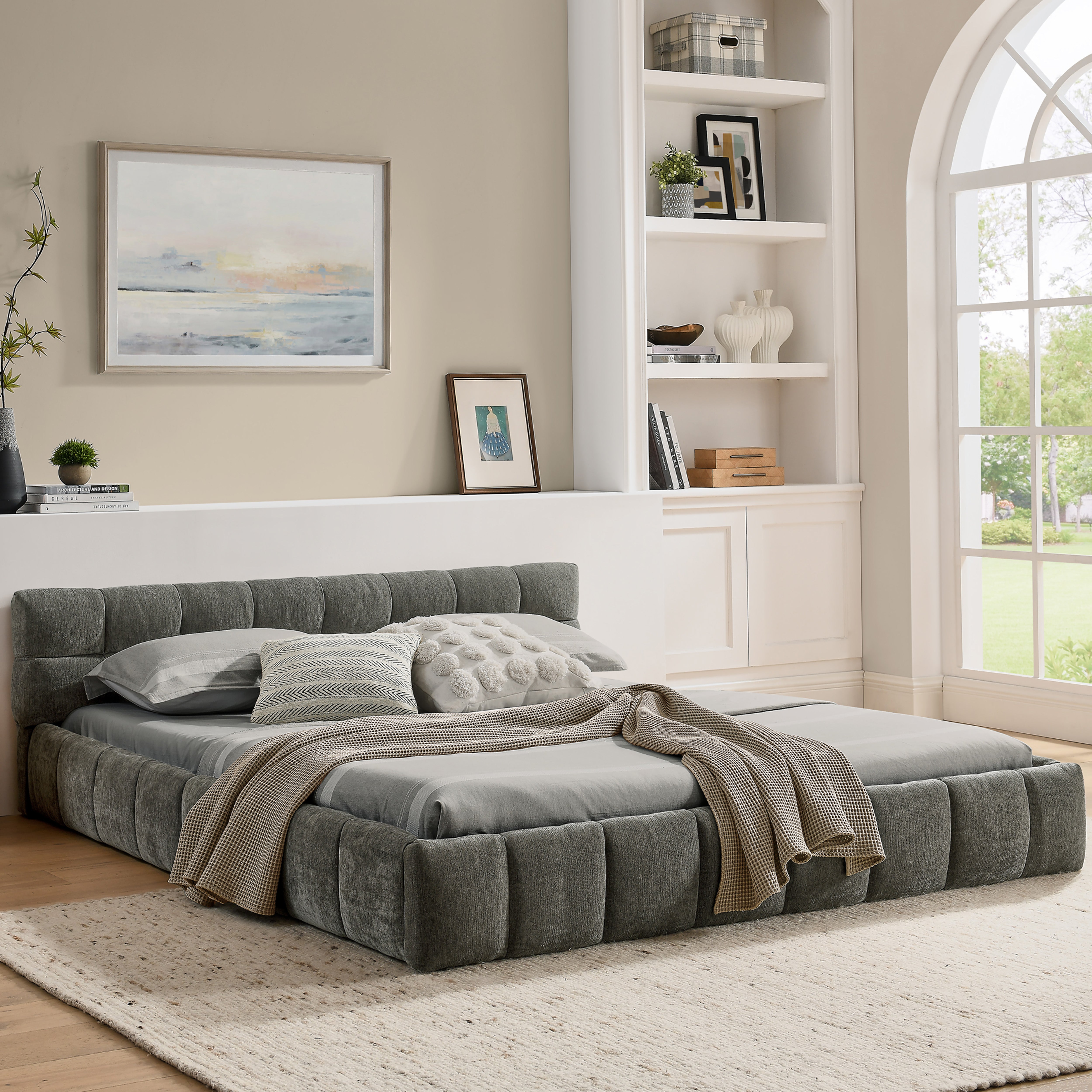 Double Bed 140x200cm Quilted Chenille Cover Sturdy Frame, Dark Grey