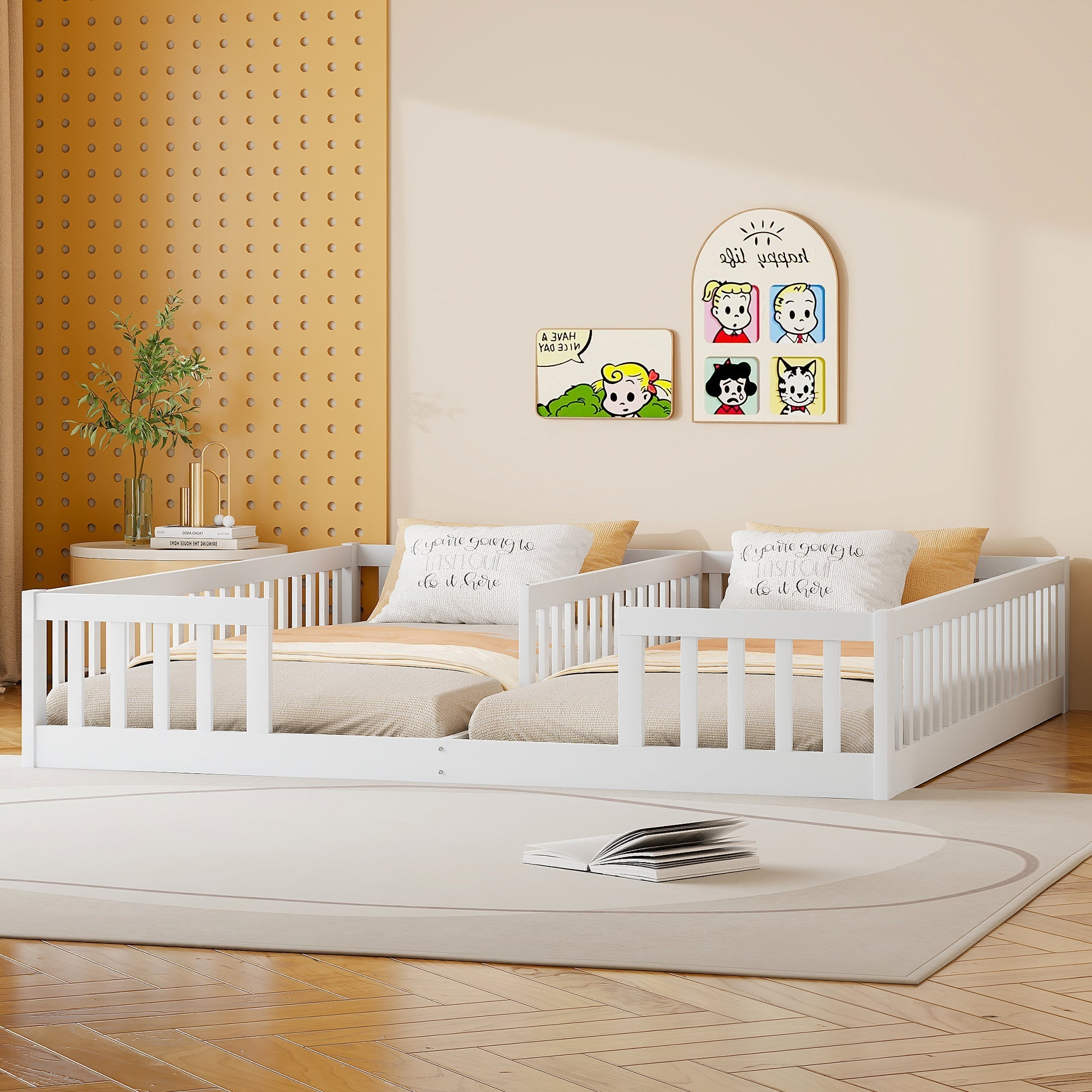 Panel Bed with Railing and Slatted Base, 90 x 200 cm, Pine Wood White