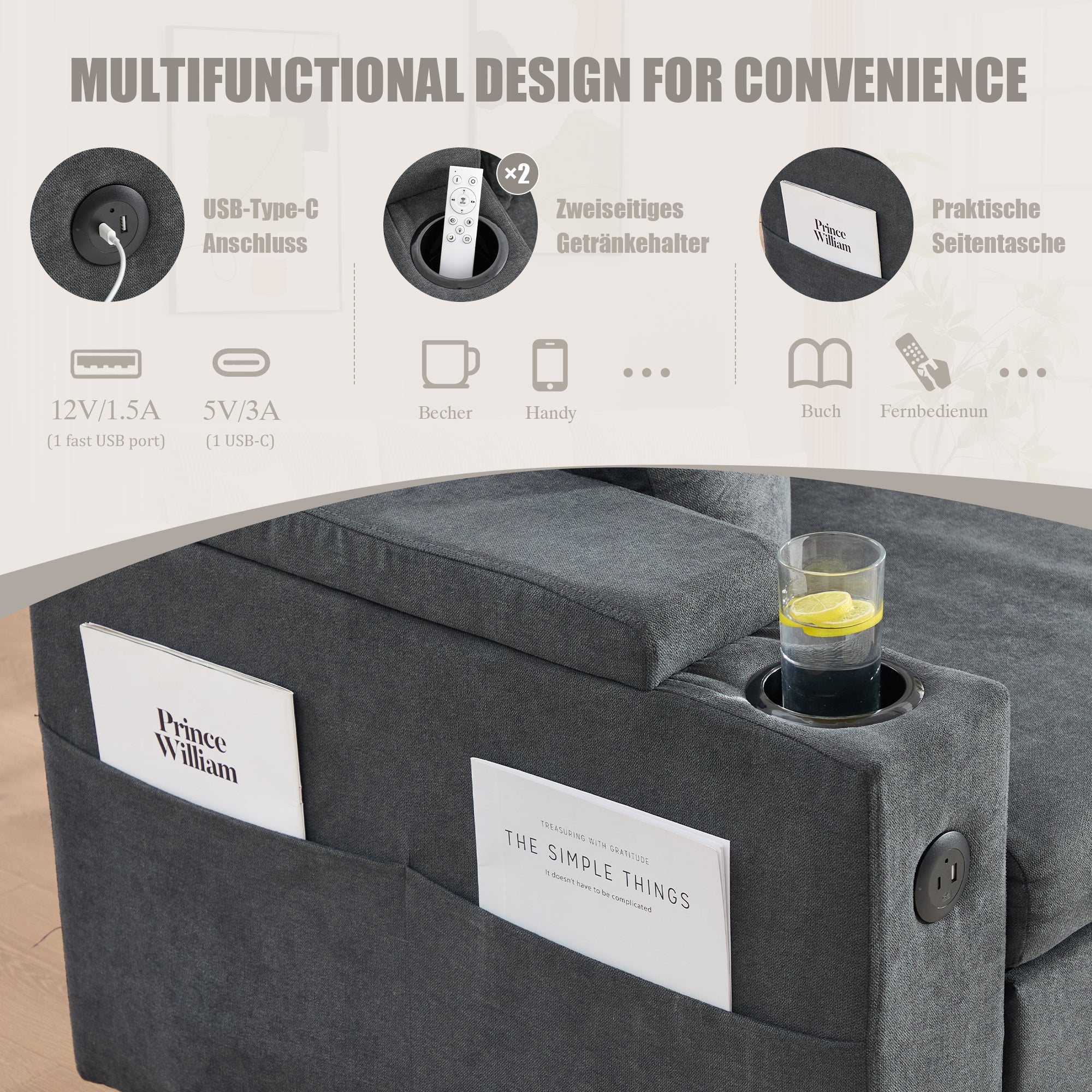 3-Seater Sofa Bed with Storage, Cup Holders and USB-C, Linen Fabric