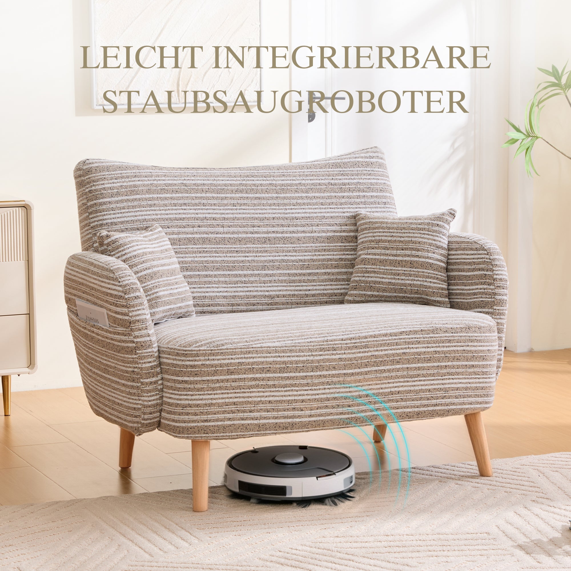 Modern Two-Seater Sofa with Armrest Cushions and Storage Bag, Loop Fabric