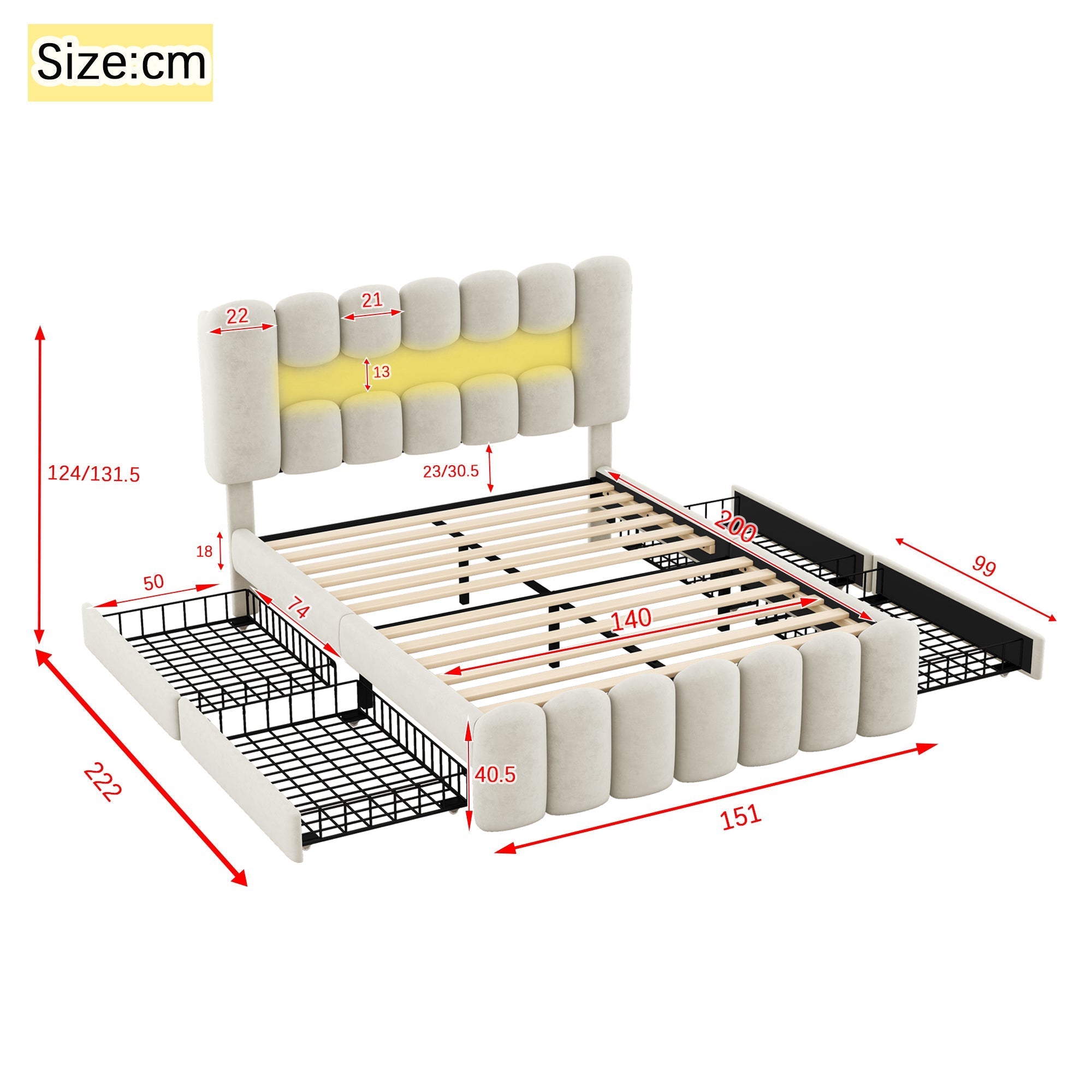 Upholstered Bed 140x200cm with 4 Drawers LED Light USB Stereo System Beige