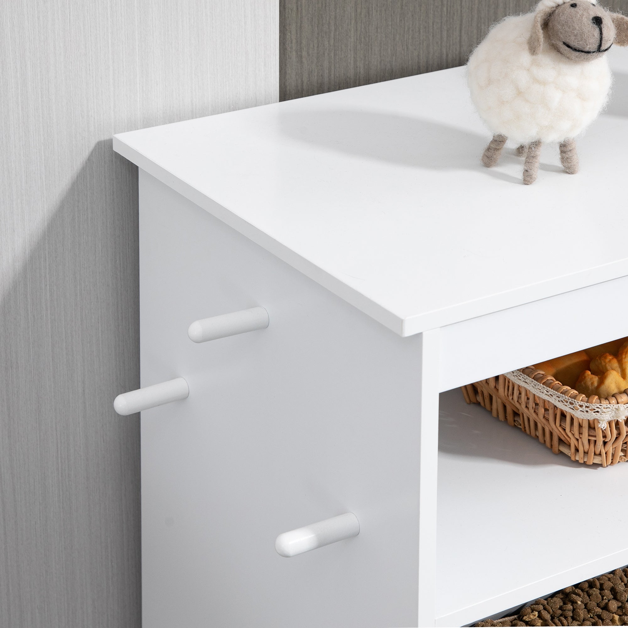 Pet Food Cabinet, 2 Stainless Steel Bowls Storage Tilting Door, White