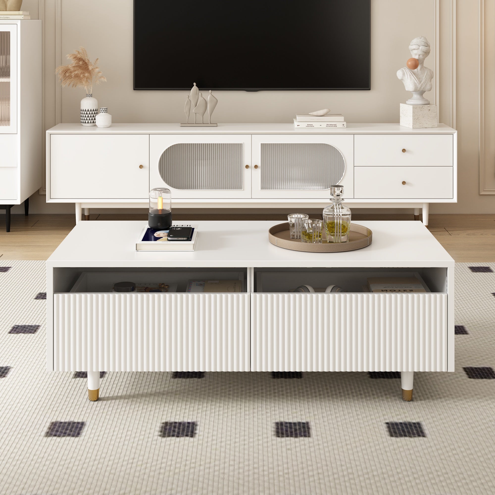 Modern LED coffee table wavy drawer top, two drawers, color-changing light strip, gold and white