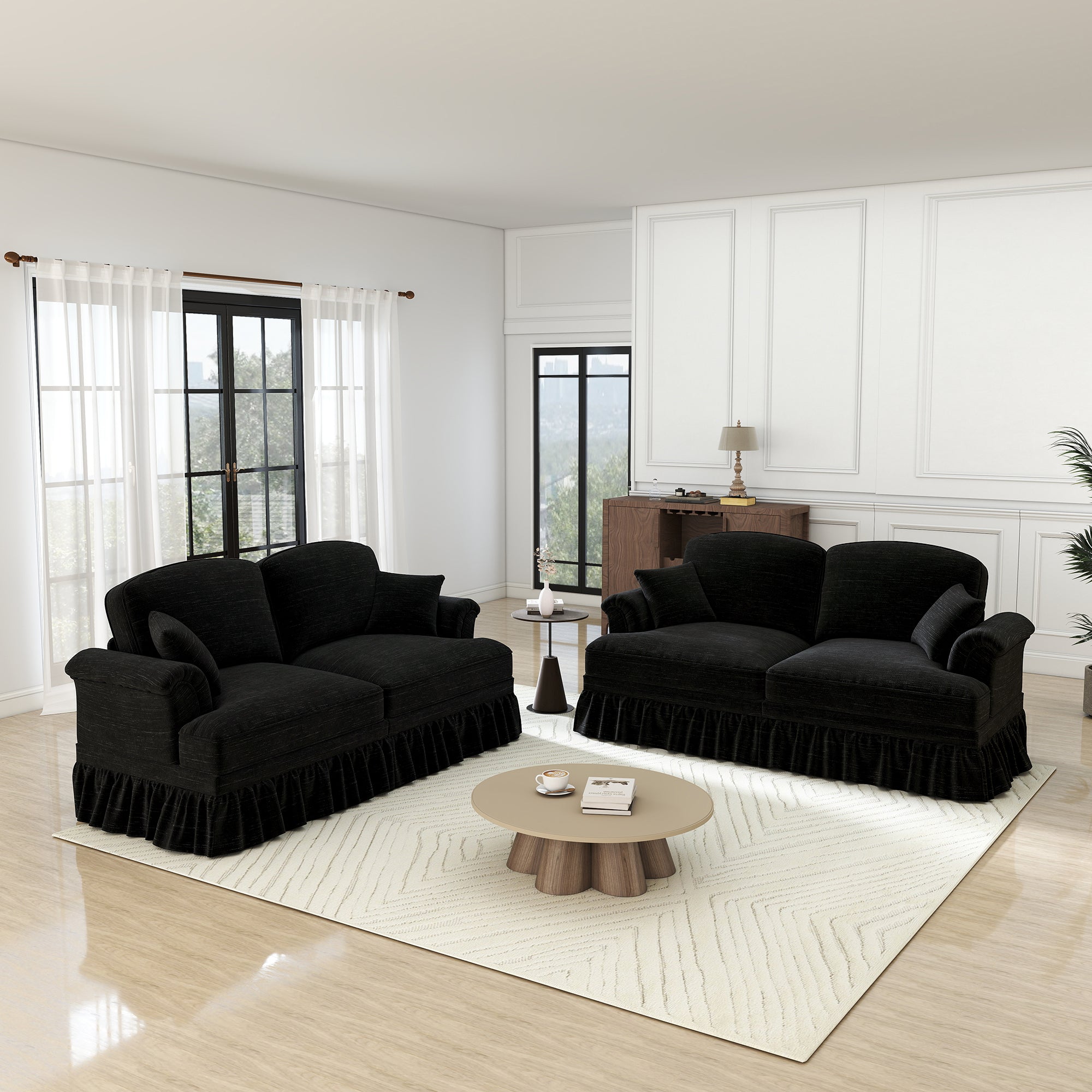 Mid-Century L-Shaped 2-Seater Sofa with Movable Ottoman - Black Chenille
