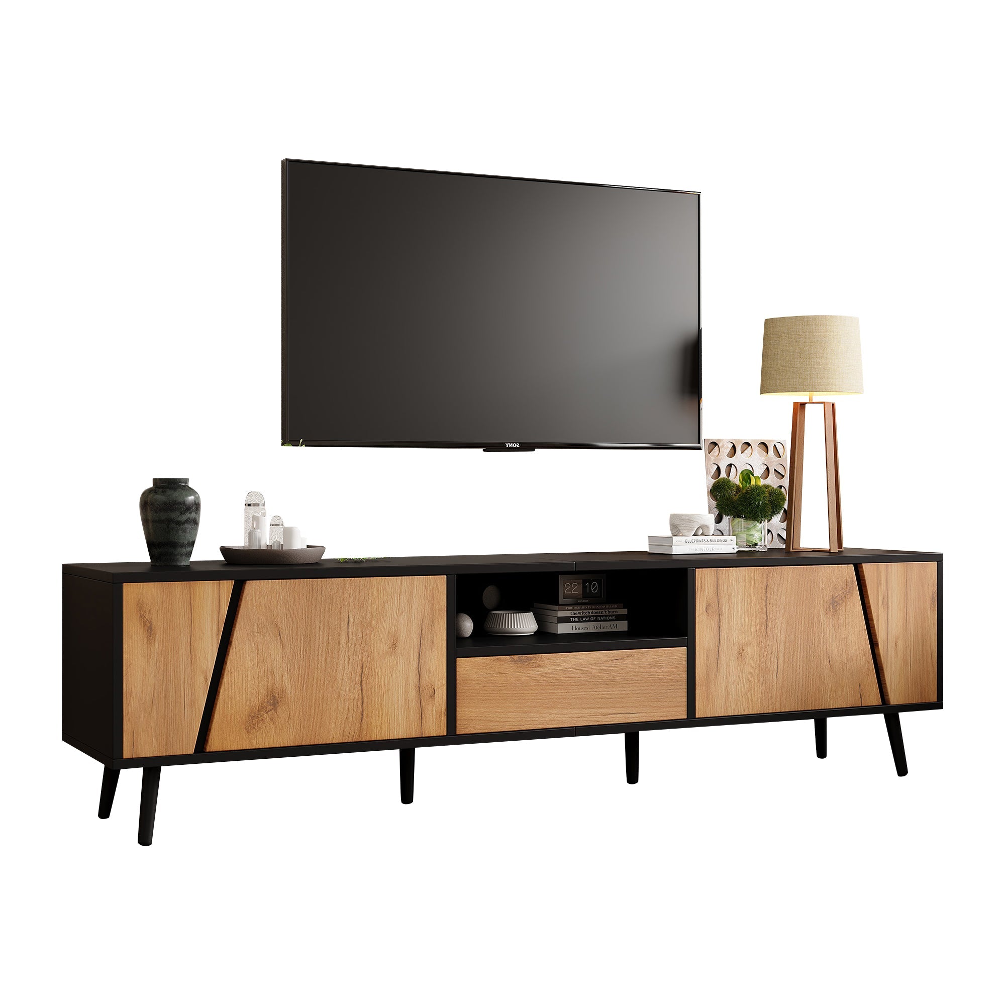 Lowboard TV Board, TV Cabinet with Drawers and 2 Cabinets, Modern Minimalist, Solid Wood