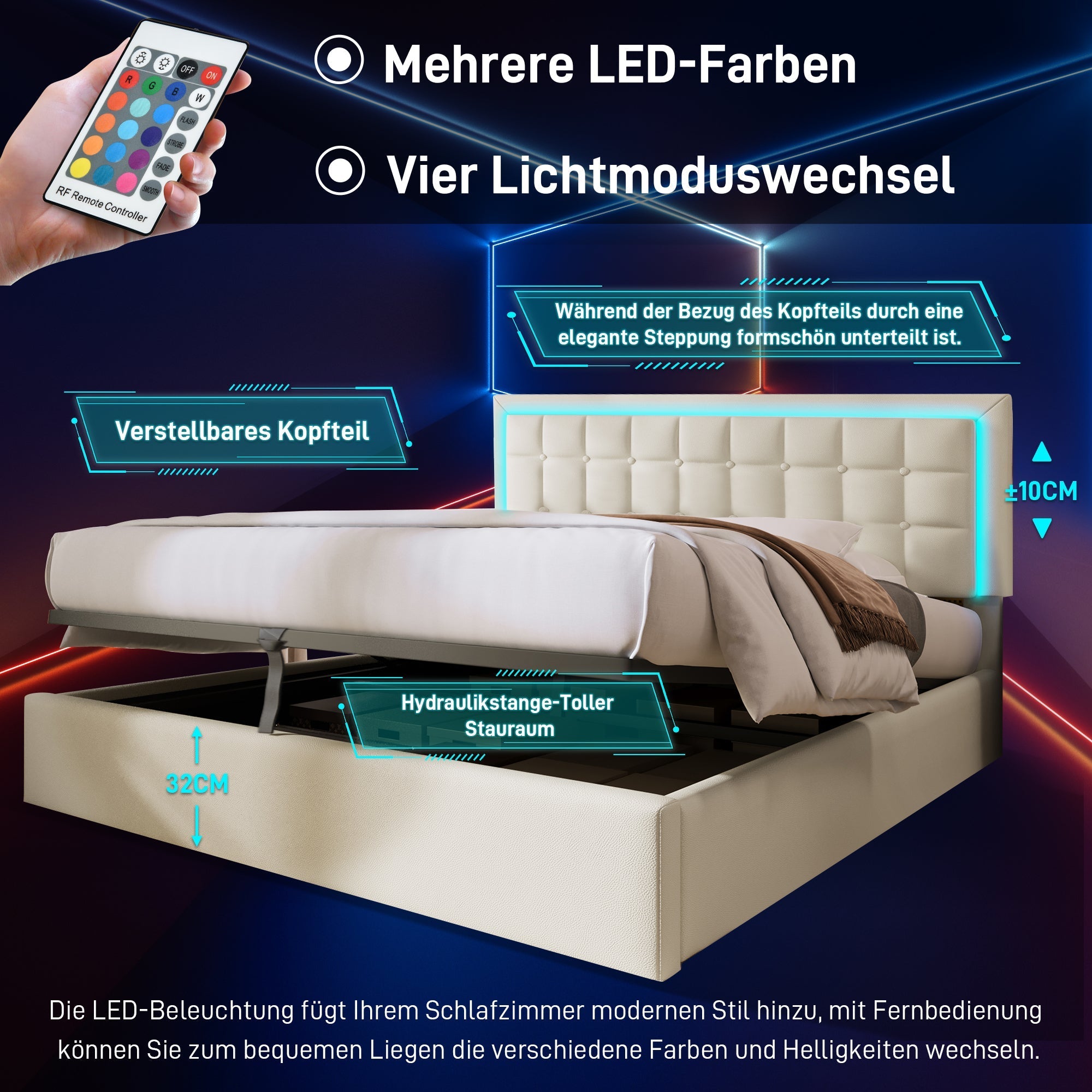 Upholstered Bed, 180x200cm LED Storage Double, White Artificial Leather