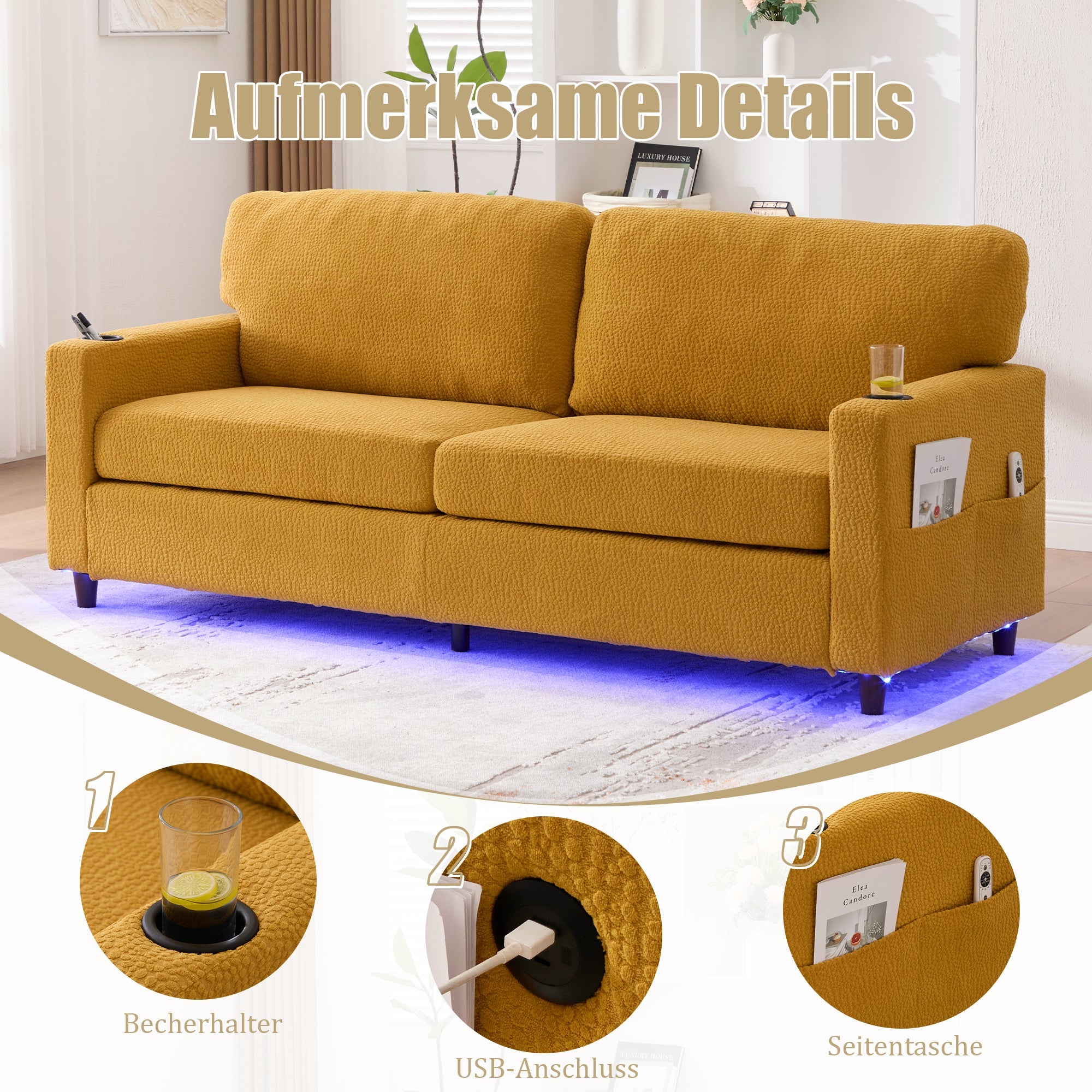 2-Seater Sofa USB-C LED Cup Holders Storage - Mustard Yellow Chenille