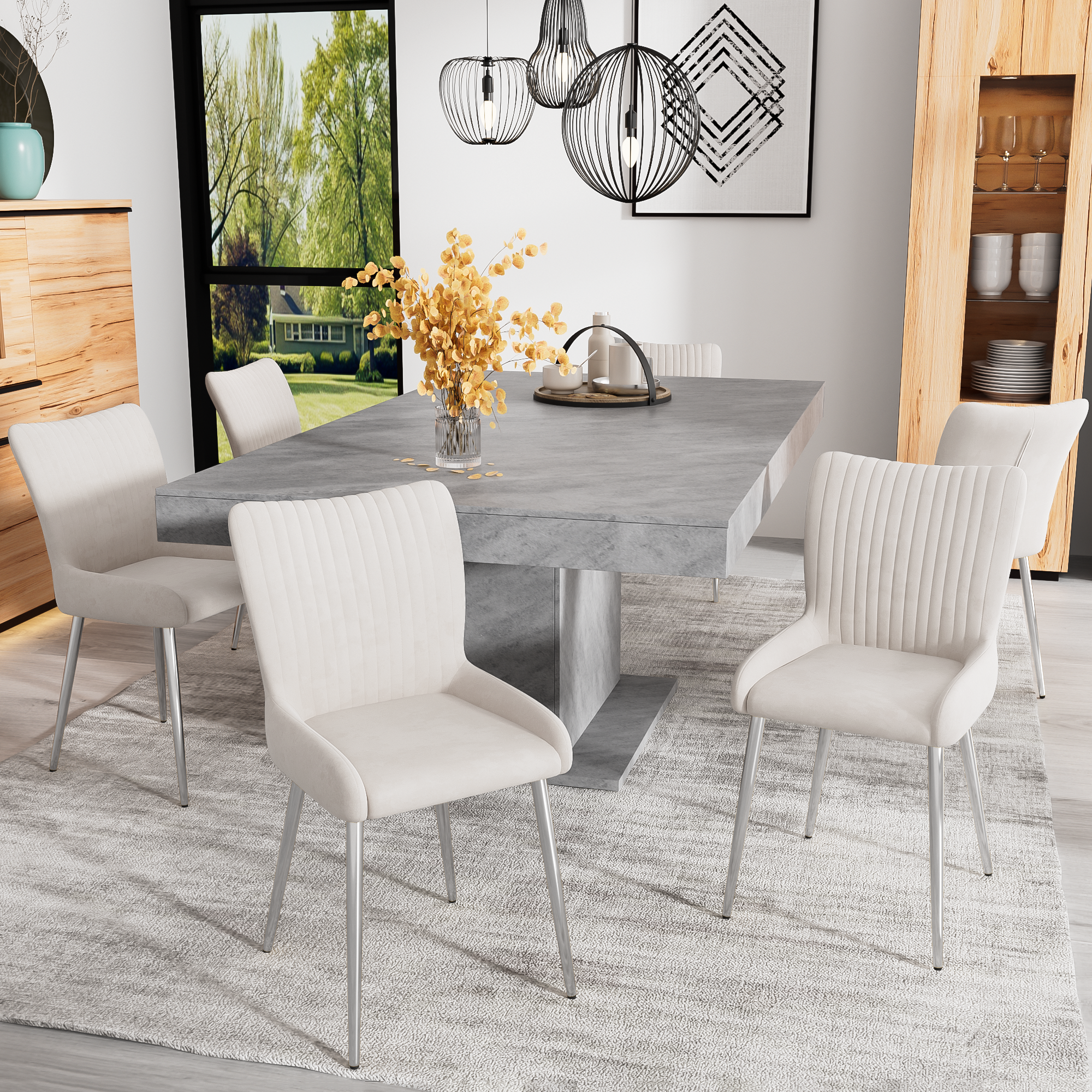 Velvet Dining Chair Set of 6 with Silver Metal Legs and Lumbar Support, Beige