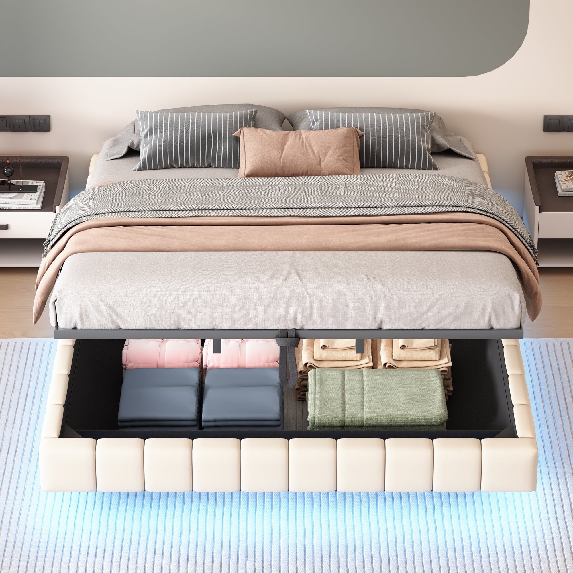 Upholstered Bed 180x200cm Hydraulic Storage LED Light, Linen Beige