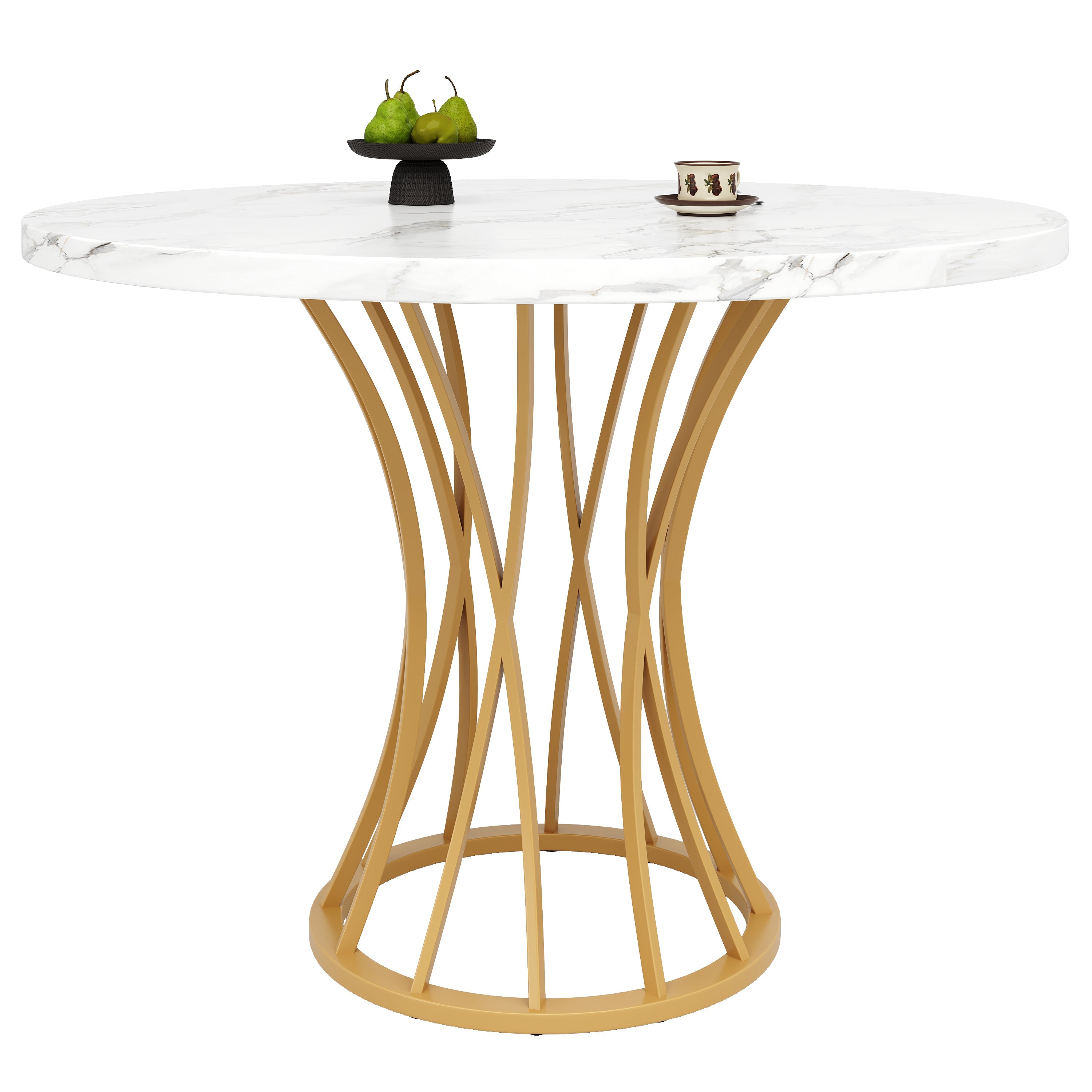 Dining Table Set 5-Piece Round 80cm White Marble Top Gold Legs Grey Velvet