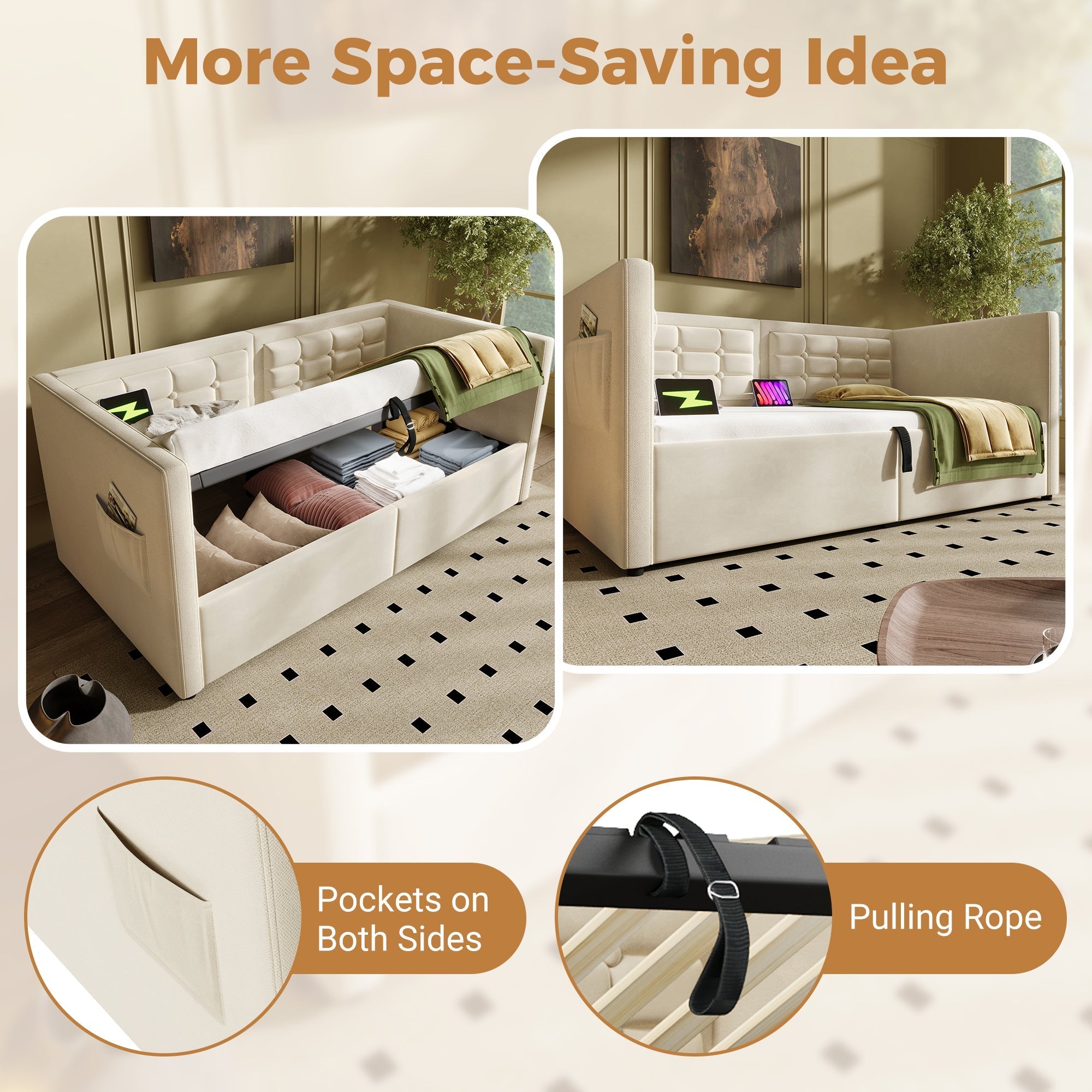 Daybed Upholstered Bed 3FT Single, USB Charging, Hydraulic Storage, Velvet Beige (No Mattress)