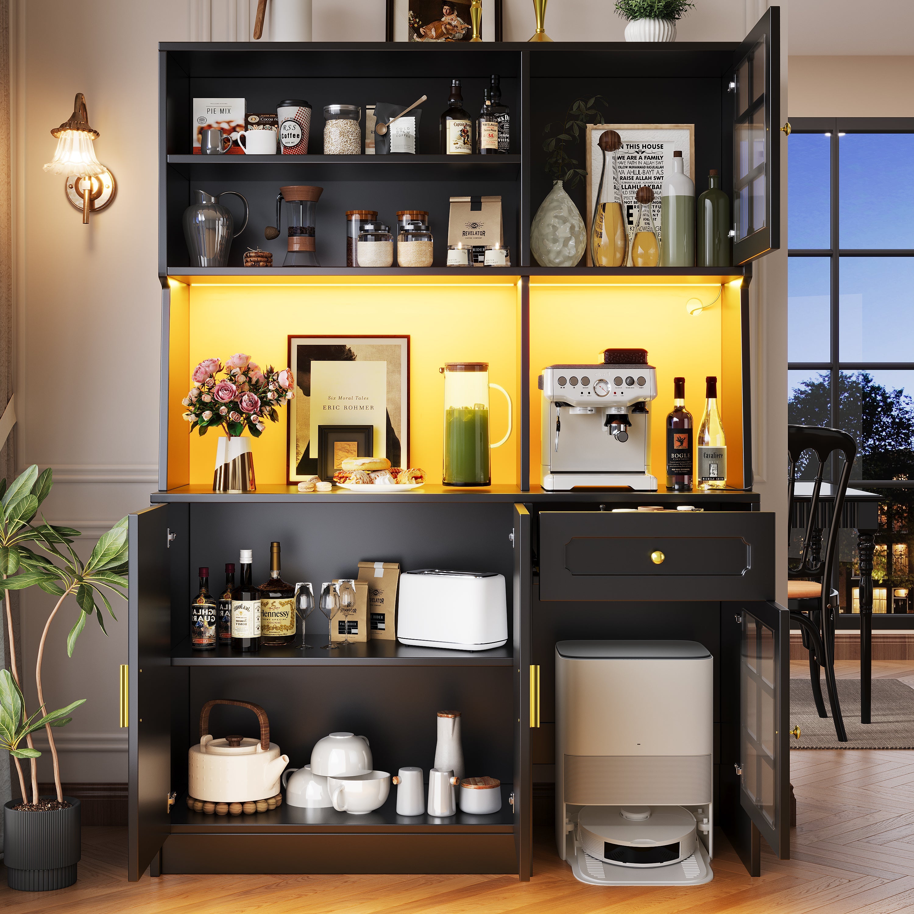 Tall Kitchen Cabinet Sideboard with Glass Doors and LED Lighting, Black