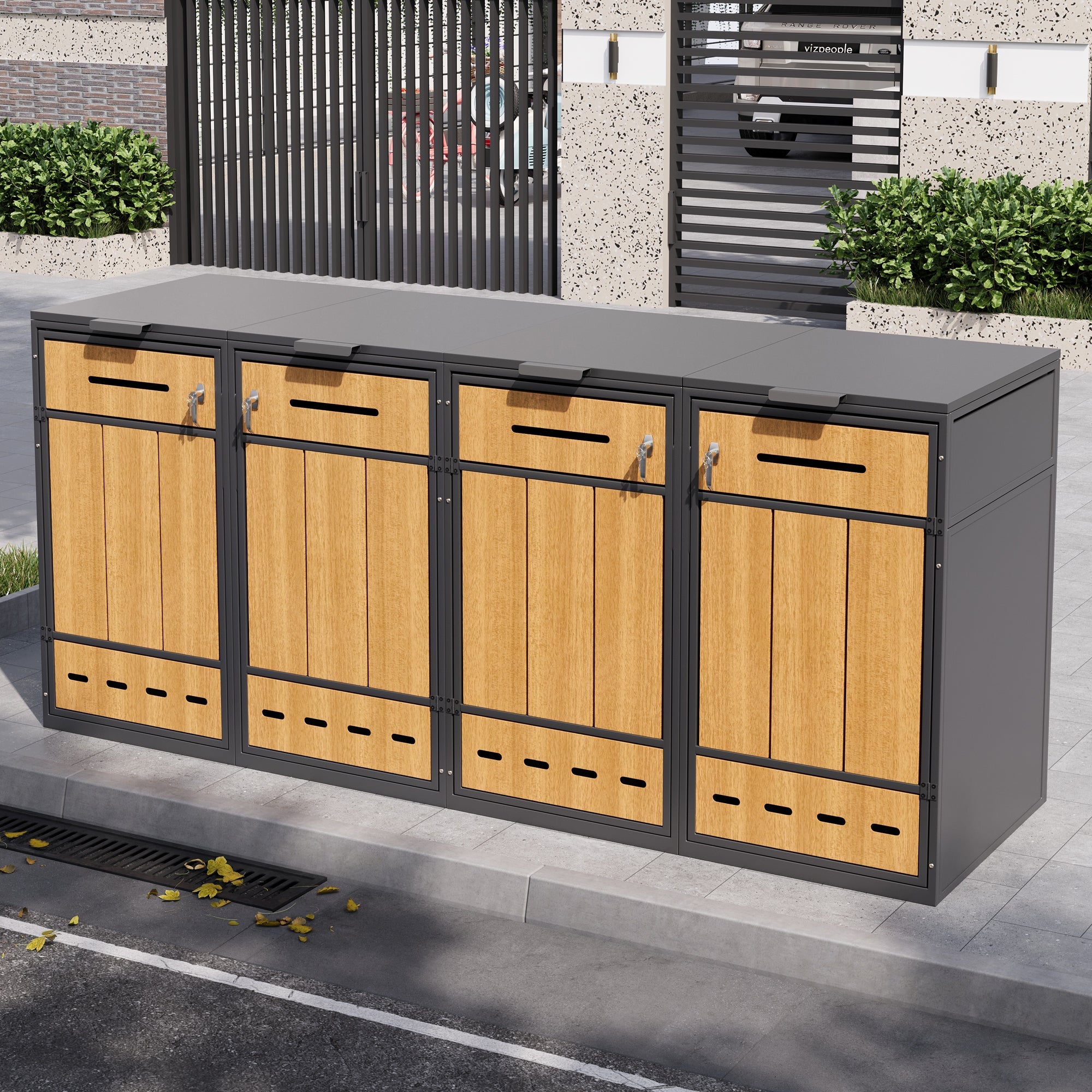 Bin Storage Unit for 4 Trash Cans, Lockable with Ventilation, Steel