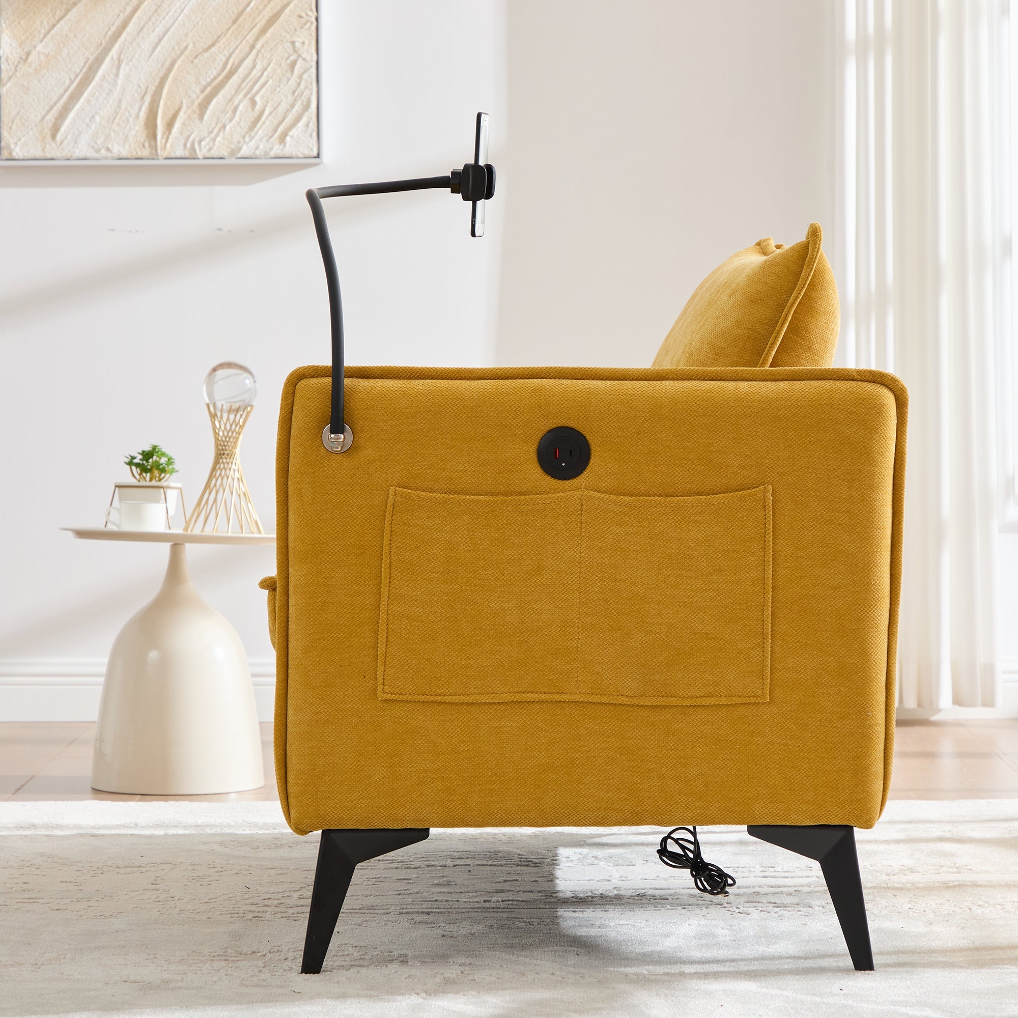 Modern Double Sofa with Storage Side Pocket and Adjustable Phone Holder, Fabric