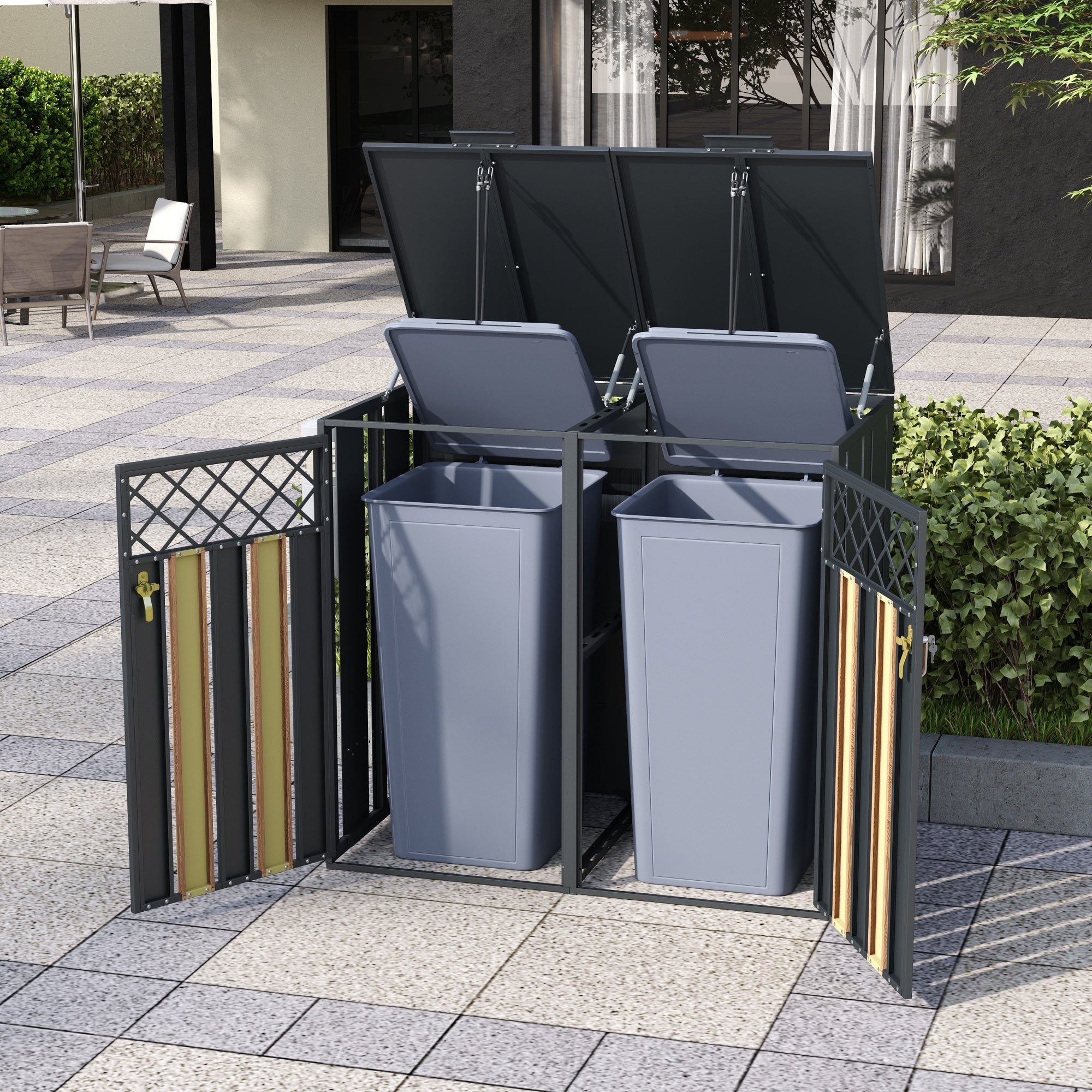 Garbage Can Storage Box with Hinged Lid and Lockable Double Doors, Diamond-Shaped Ventilation, Metal