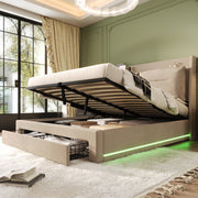 LED upholstered bed, 140 × 190 cm, hydraulic bed, 2-in-1 storage drawers at the foot of the bed, built-in LED light strips on both sides of the bed, slatted base, mattress not included, velvet, grey.