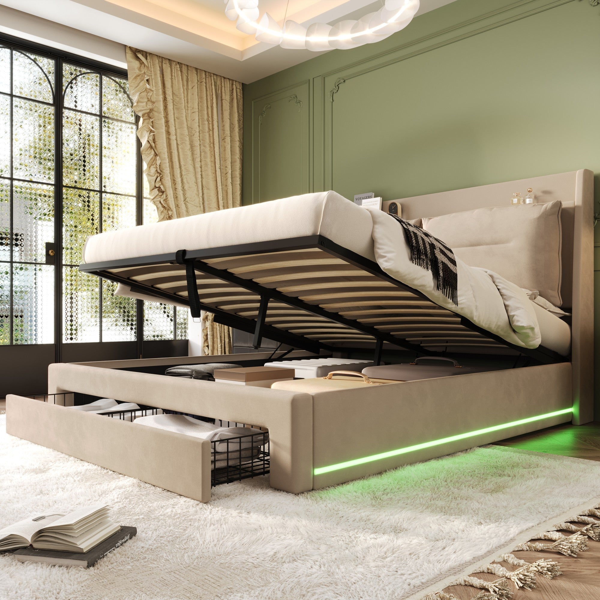 Upholstered Bed 160x200 Hydraulic Storage LED Light Drawers - Velvet Beige
