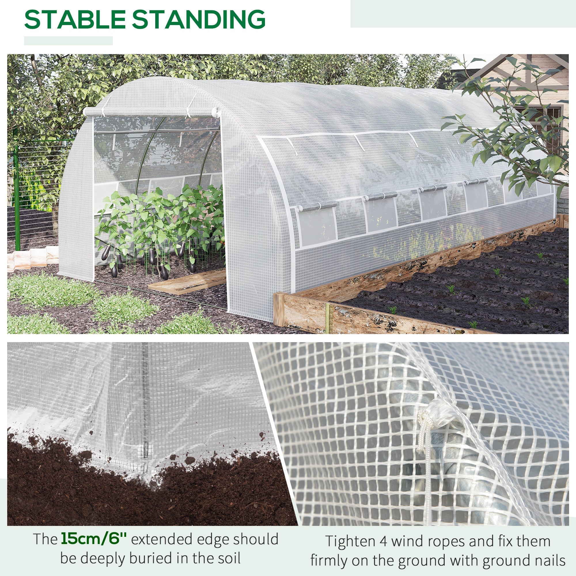 Polytunnel Greenhouse, 6 x 3 x 2 m Walk-in Grow House Tent with Steel Frame, White